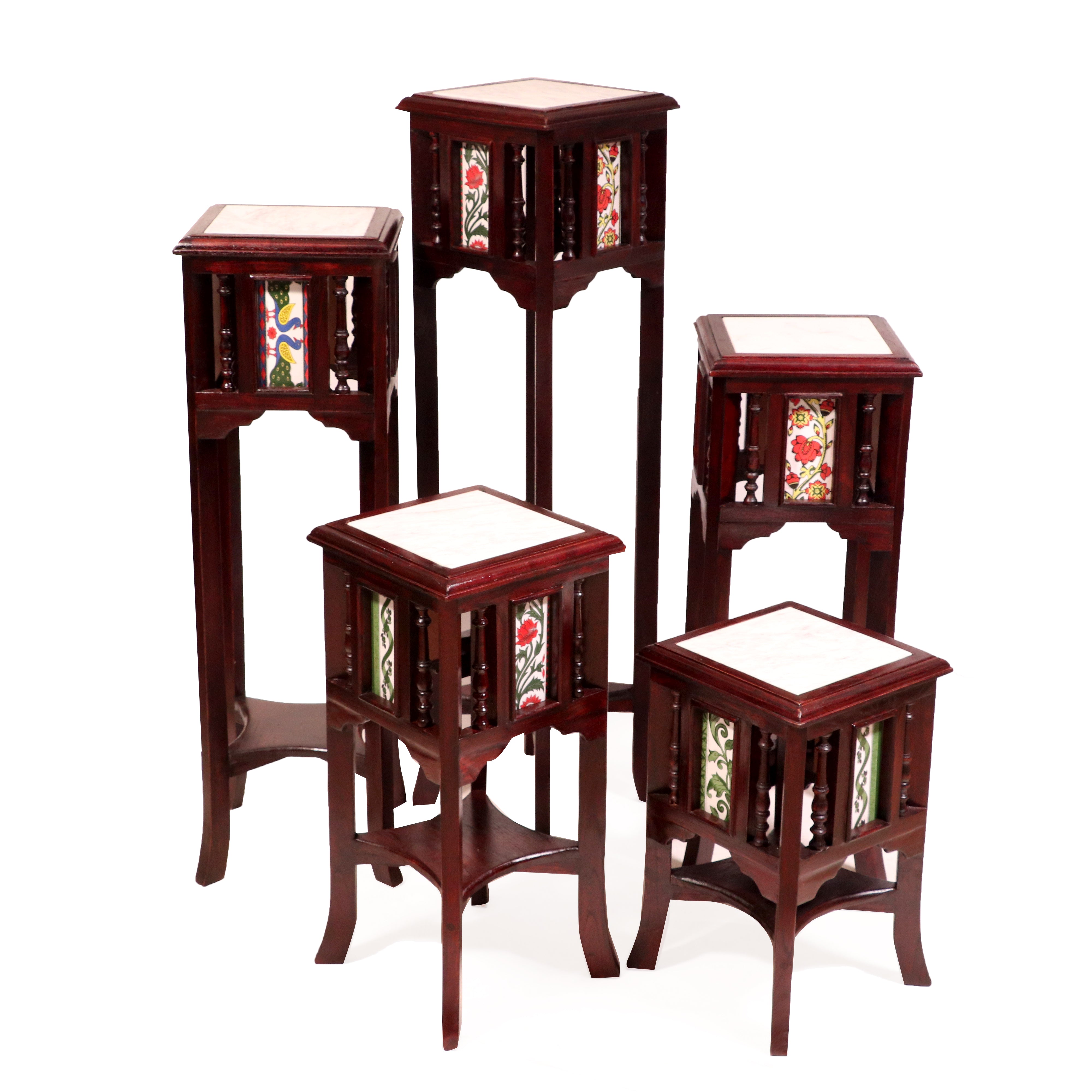 Teak ceramic tile end table with marble top Set of 5 End Table