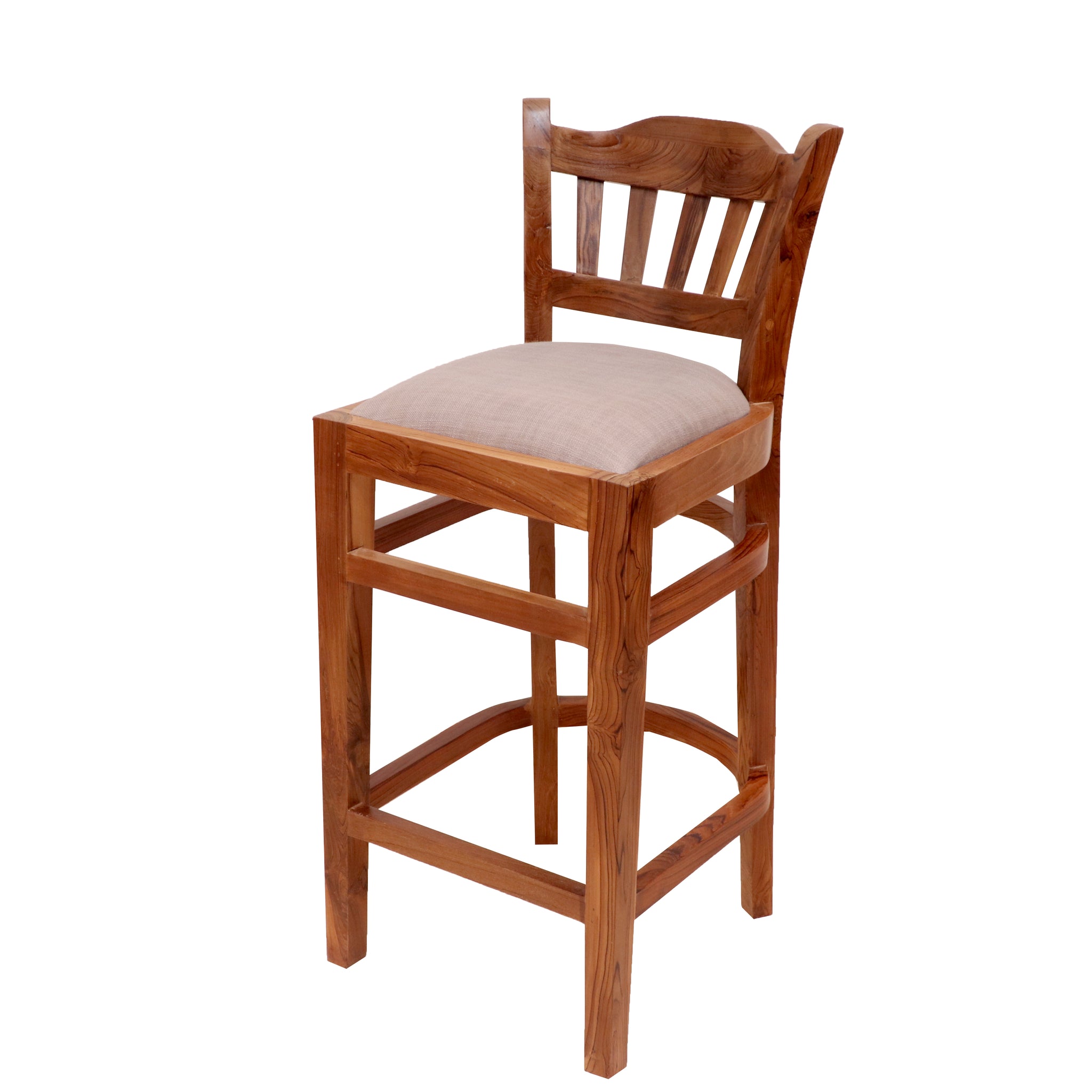 Teak wood bar height chair with curvy design