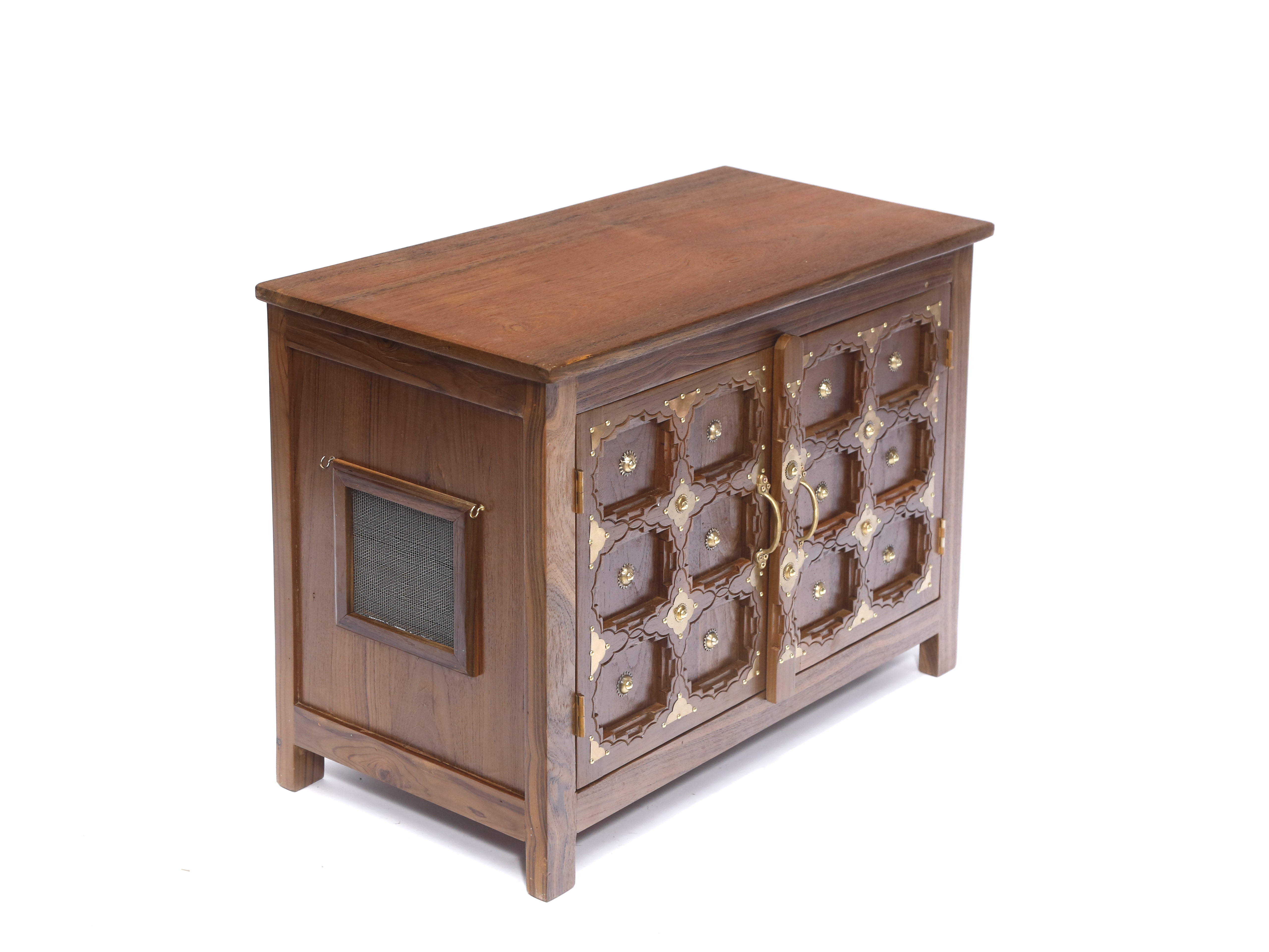 Brass Carved Teakwood Side Jali Shoe Cabinet Shoe rack