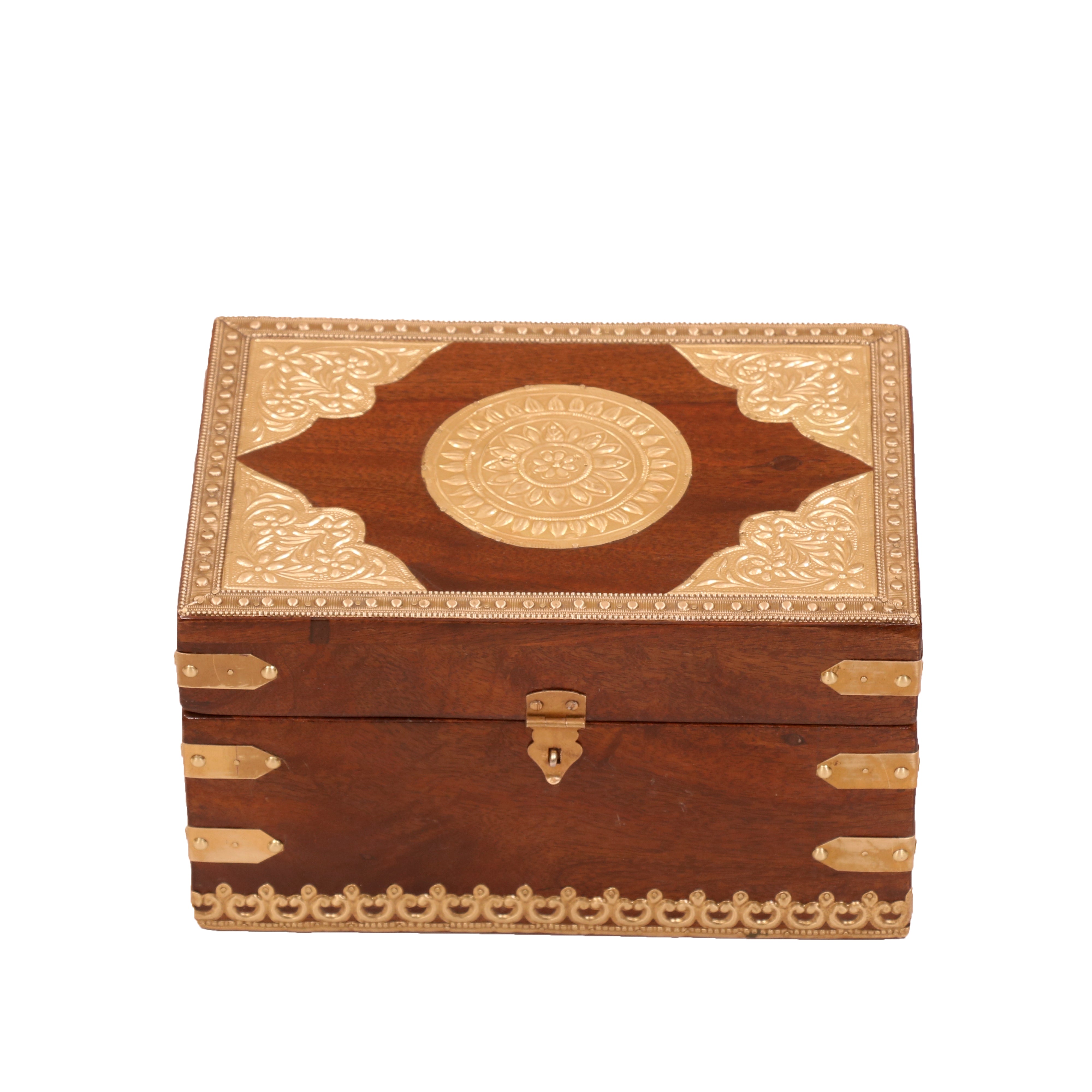 Golden Toned Handmade Brass Fitted Wooden Jewelry Box for Home Wooden Box