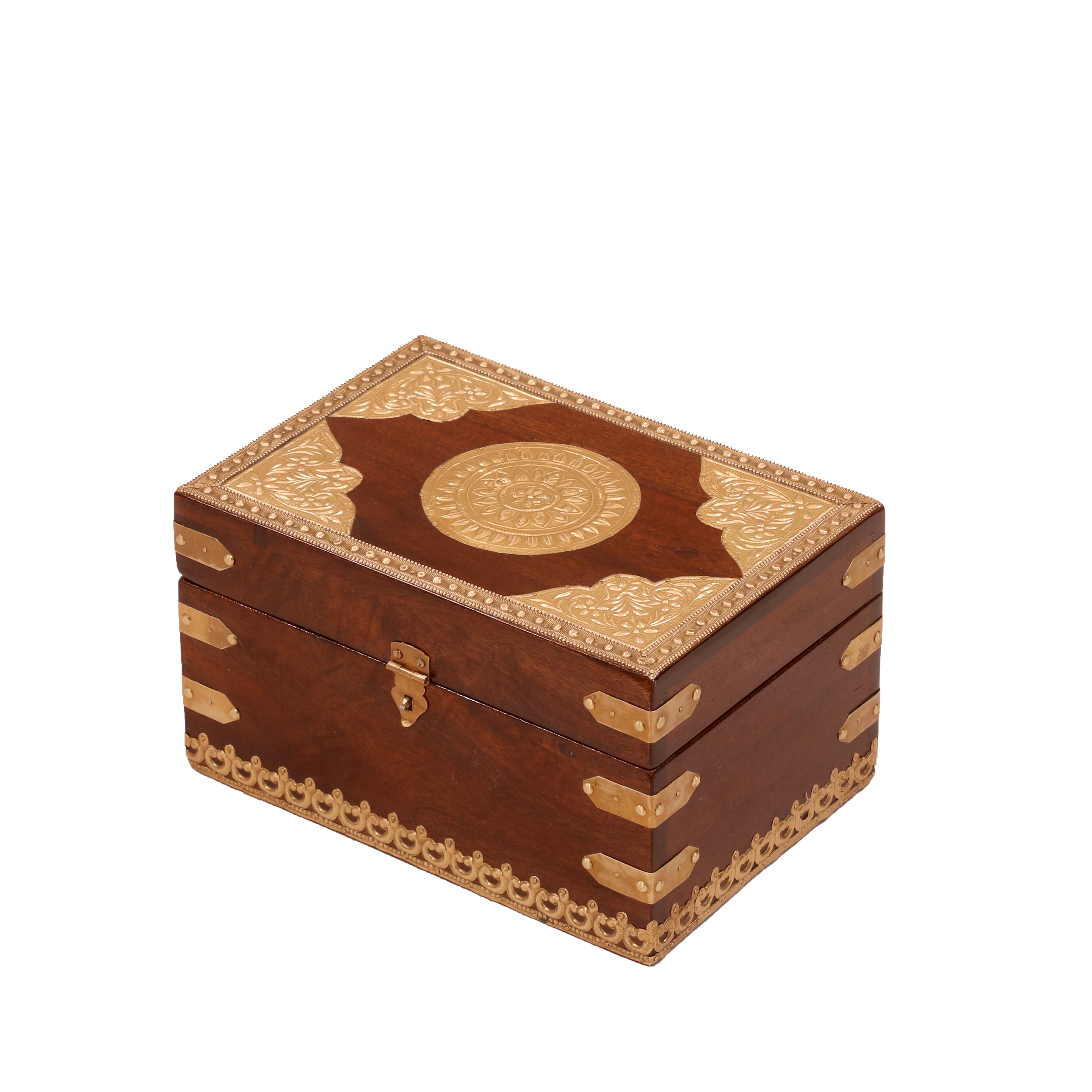 Golden Toned Handmade Brass Fitted Wooden Jewelry Box for Home Wooden Box