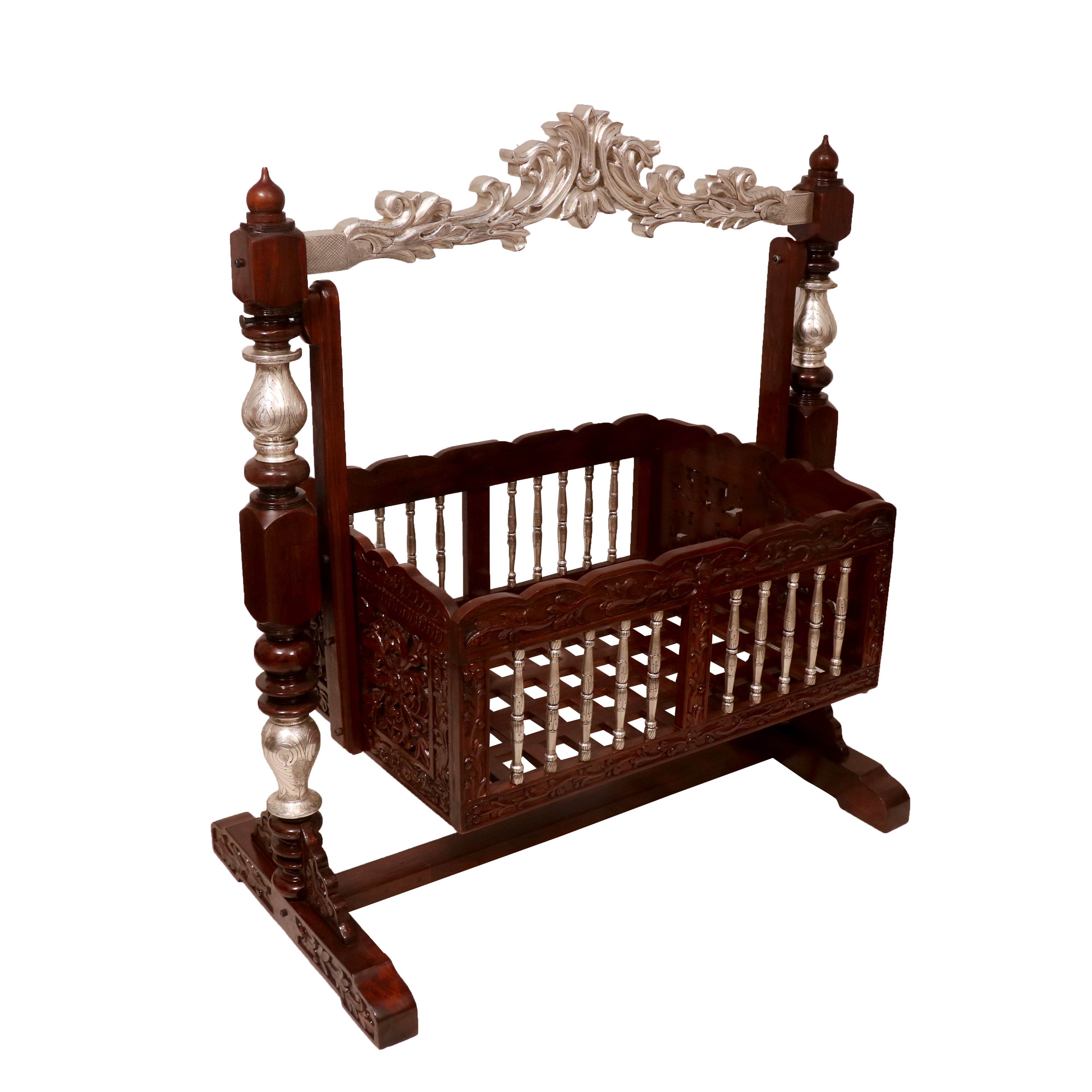 Intricately Carved Teak Wood Crib Cradle
