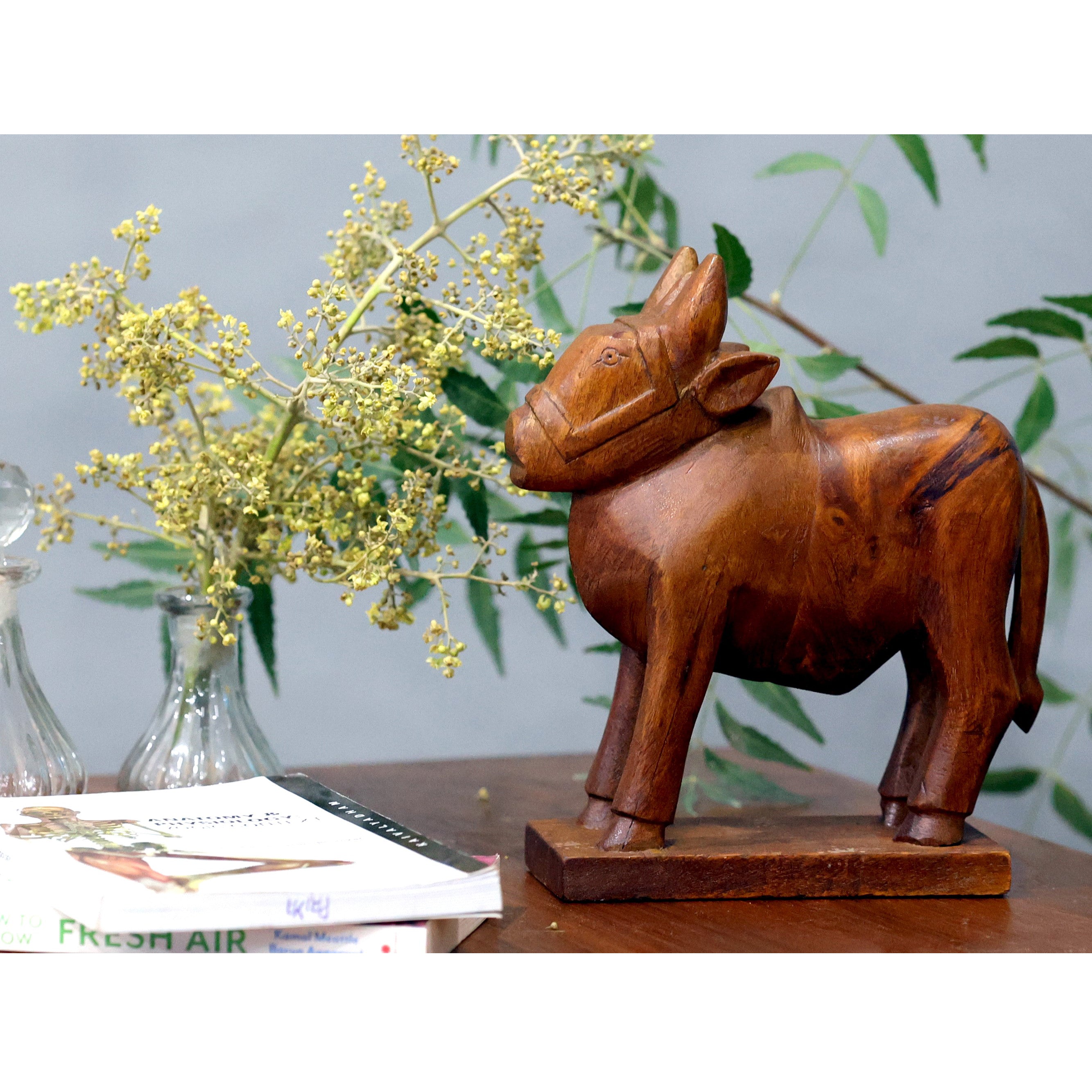 Artistically Handcrafted Wooden Cow Animal Figurine