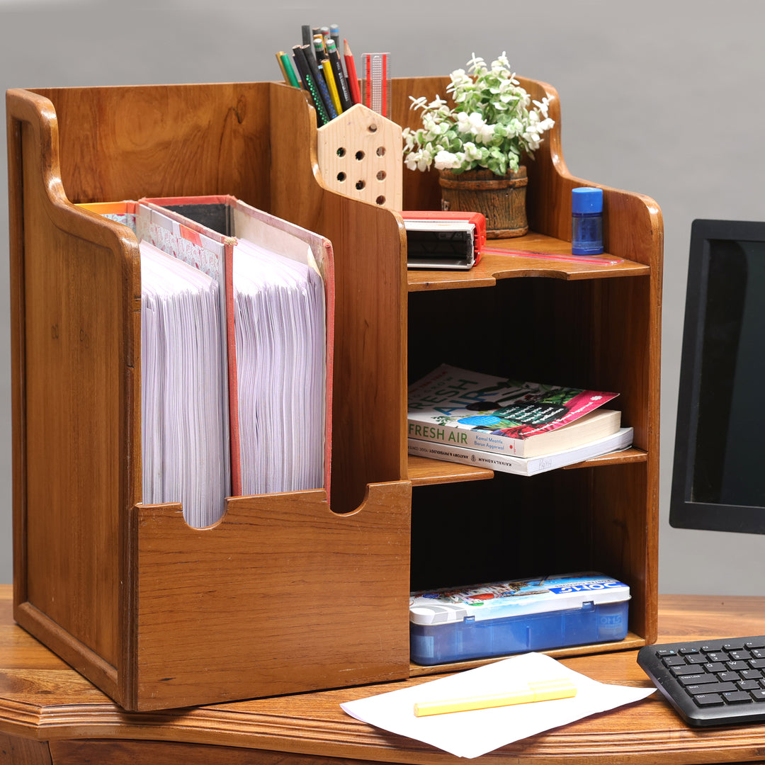 Classic Wooden Multistorage File Rack (Natural Tone) Desk Organizer