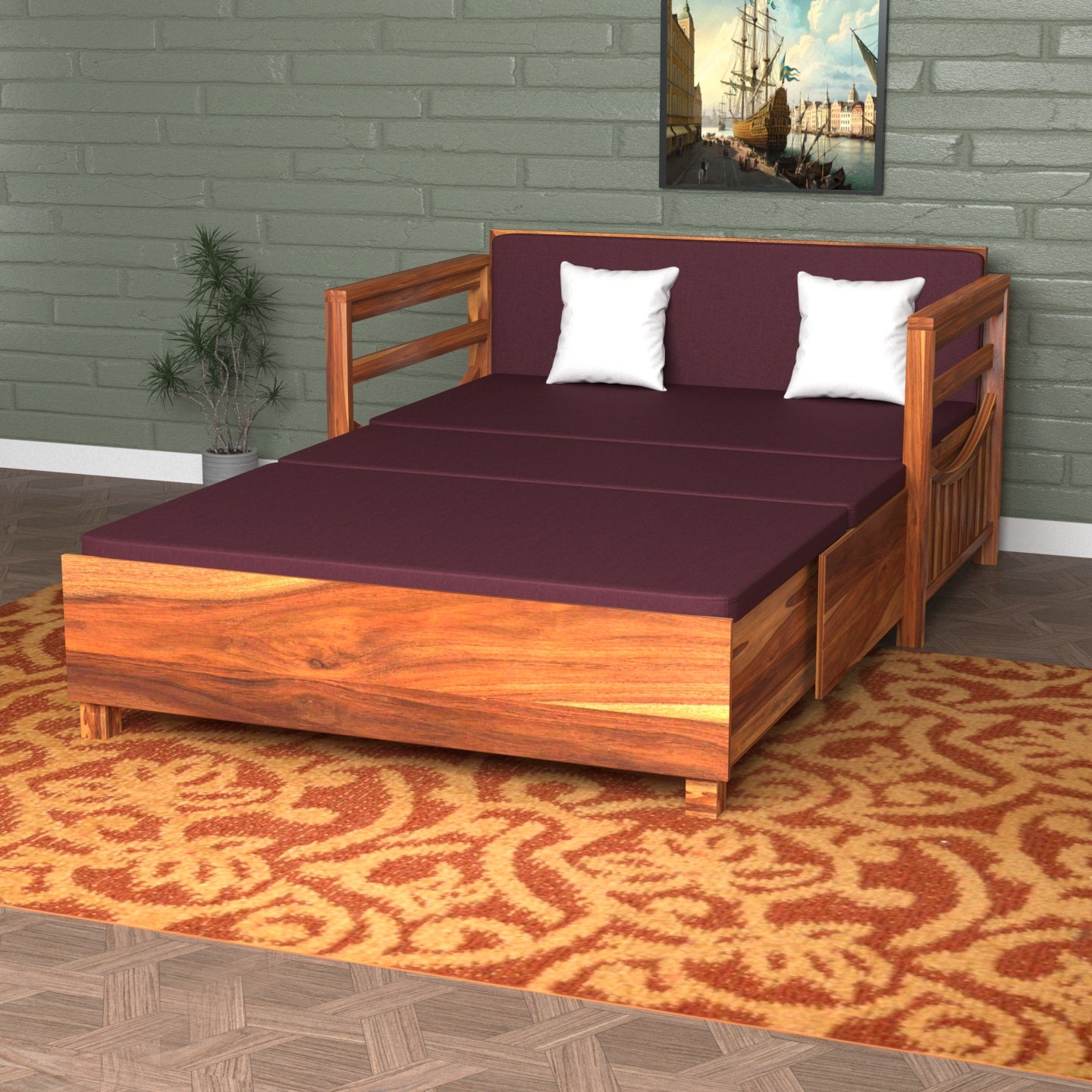 Dark Mehroon Vintage Wooden Sofa Cum Bed Sofa