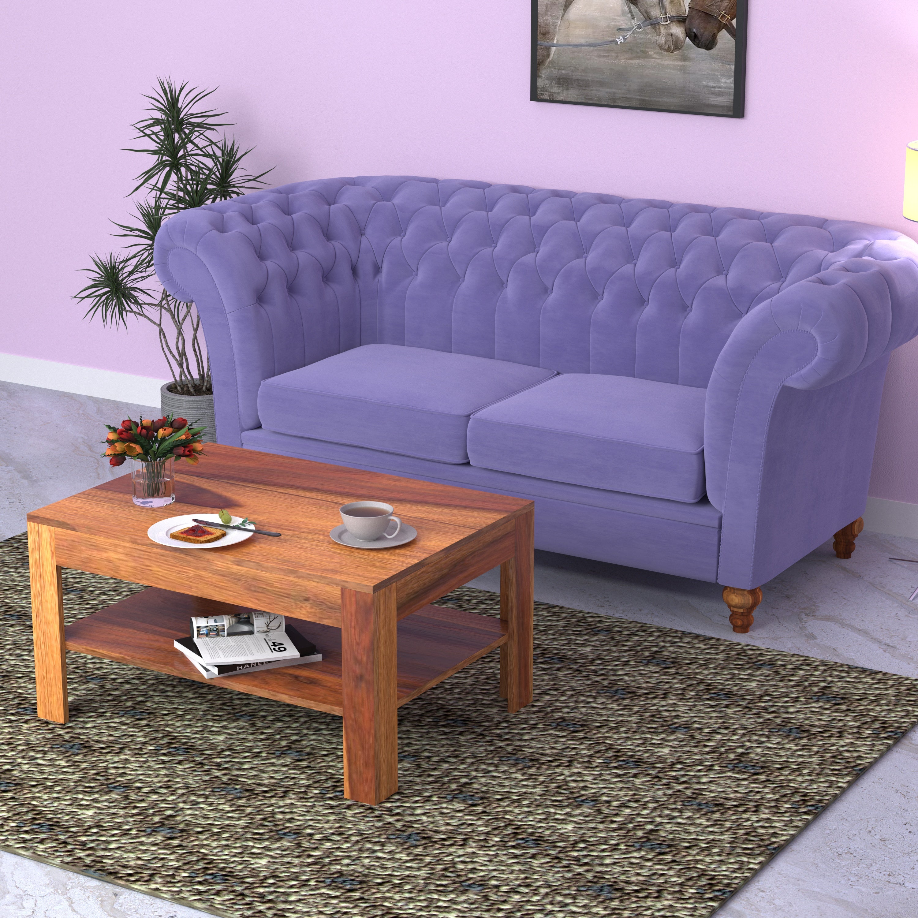 Crimson Purple Pastel Coloured Comfort Large 2 Seater Sofa + Center Table for Home Sofa