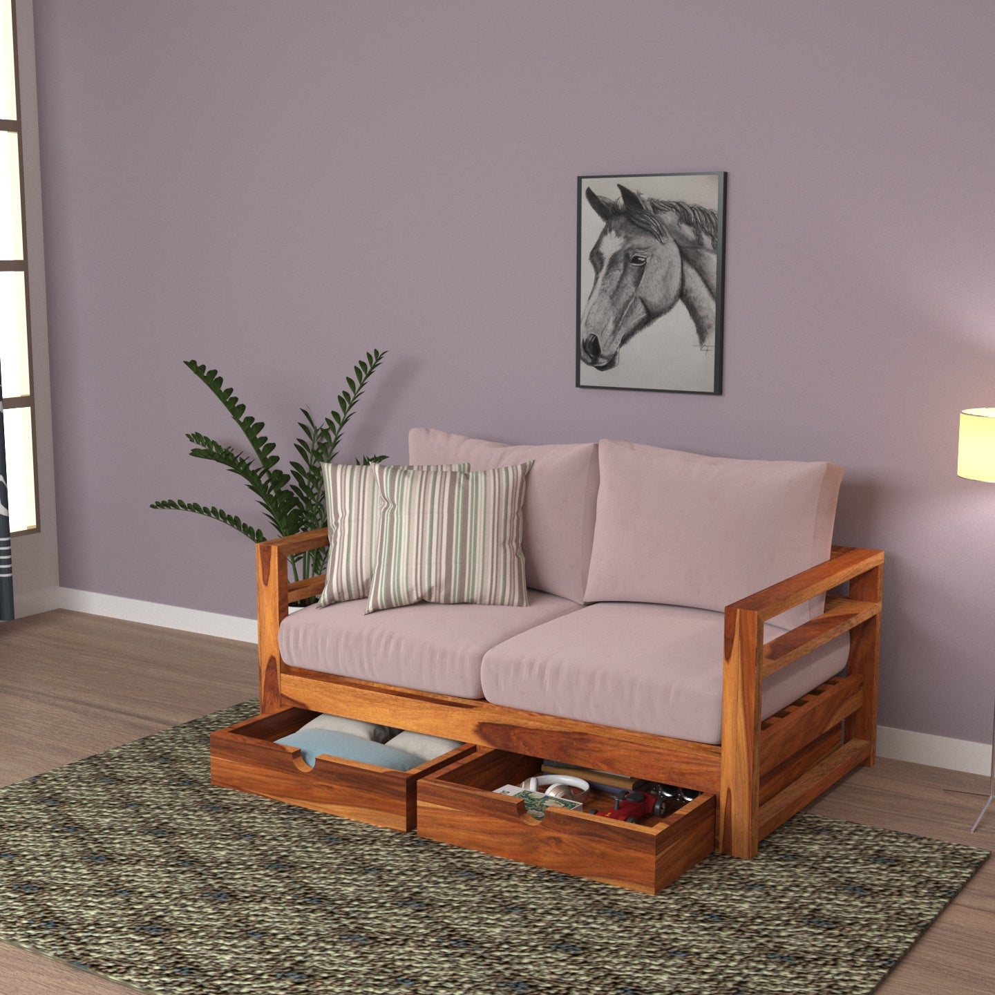 Poly Pinkish Vintage Wooden Sofa With Storage Sofa