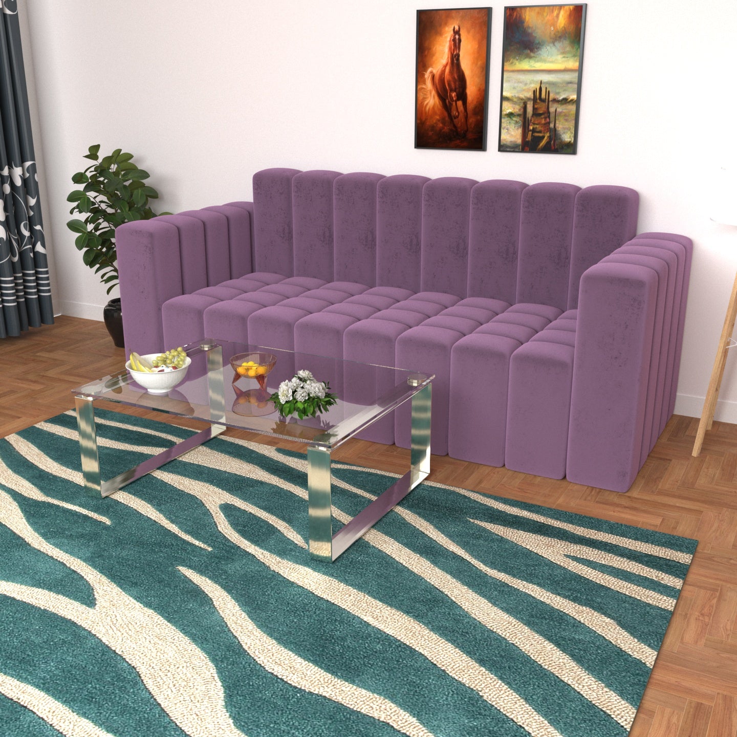 Strip Style Dark Violet Shaded Wooden 3 Seater Sofa Sofa