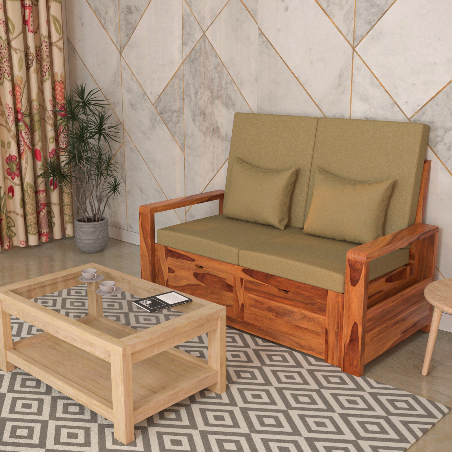 Moss Green Premium Sheesham Wooden 2 Seater Sofa with Storage Sofa