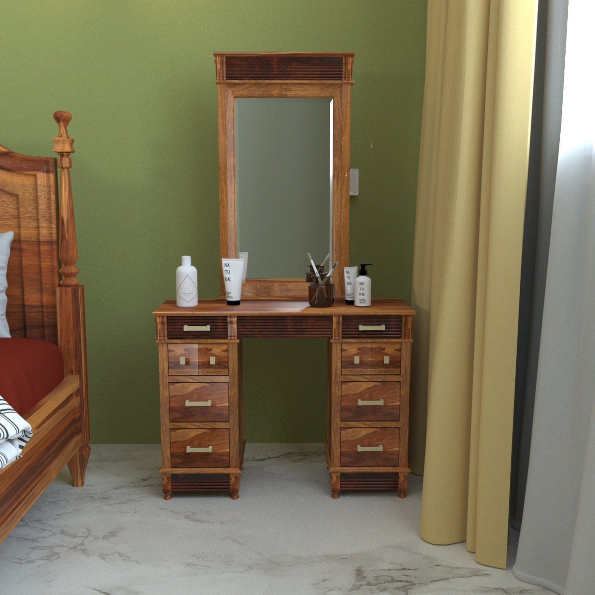 Melodious Multi Drawer Handmade Wooden Mirror Dressing Table for Home