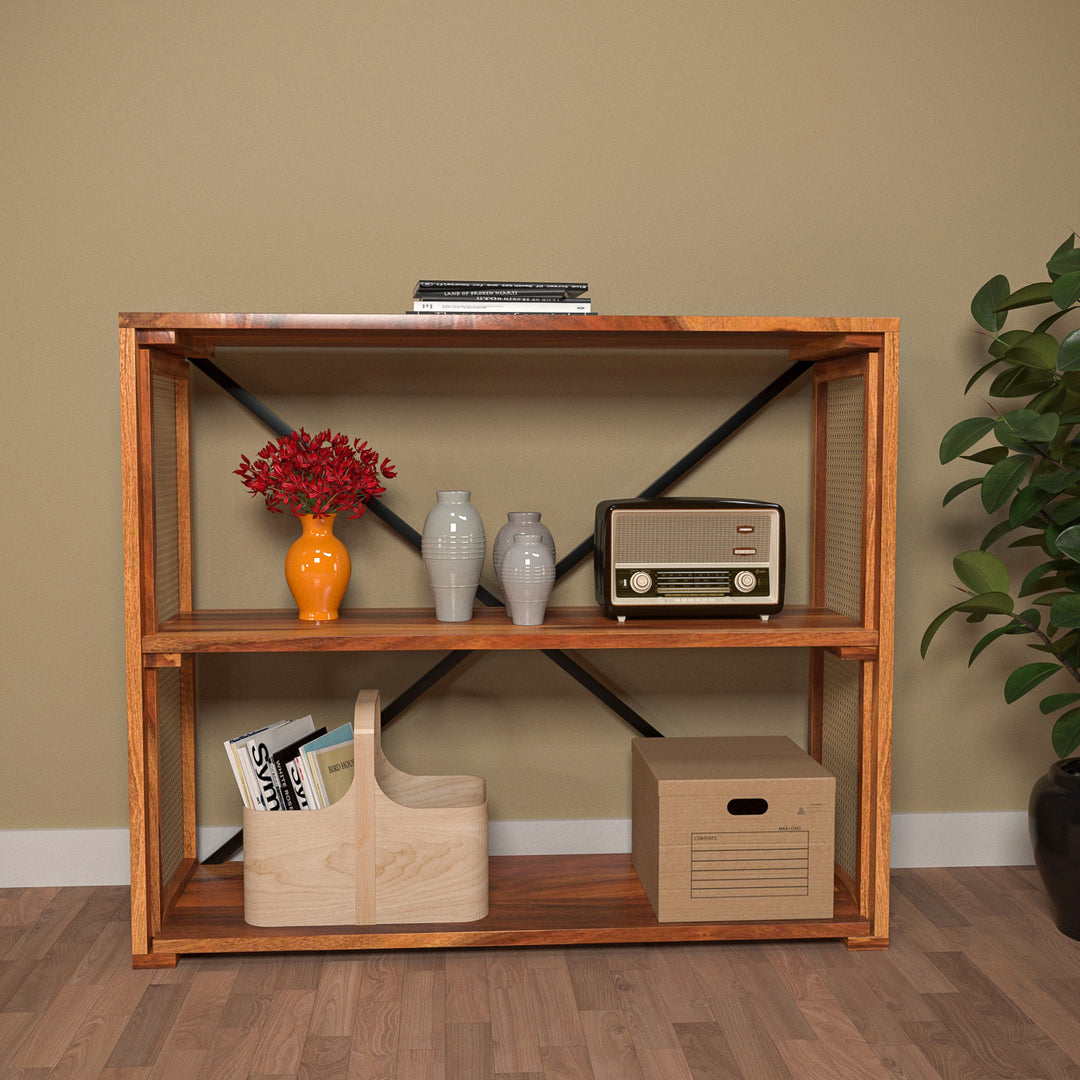 Modern Style Crisscross Cane Wooden Console Storage Rack Console Table