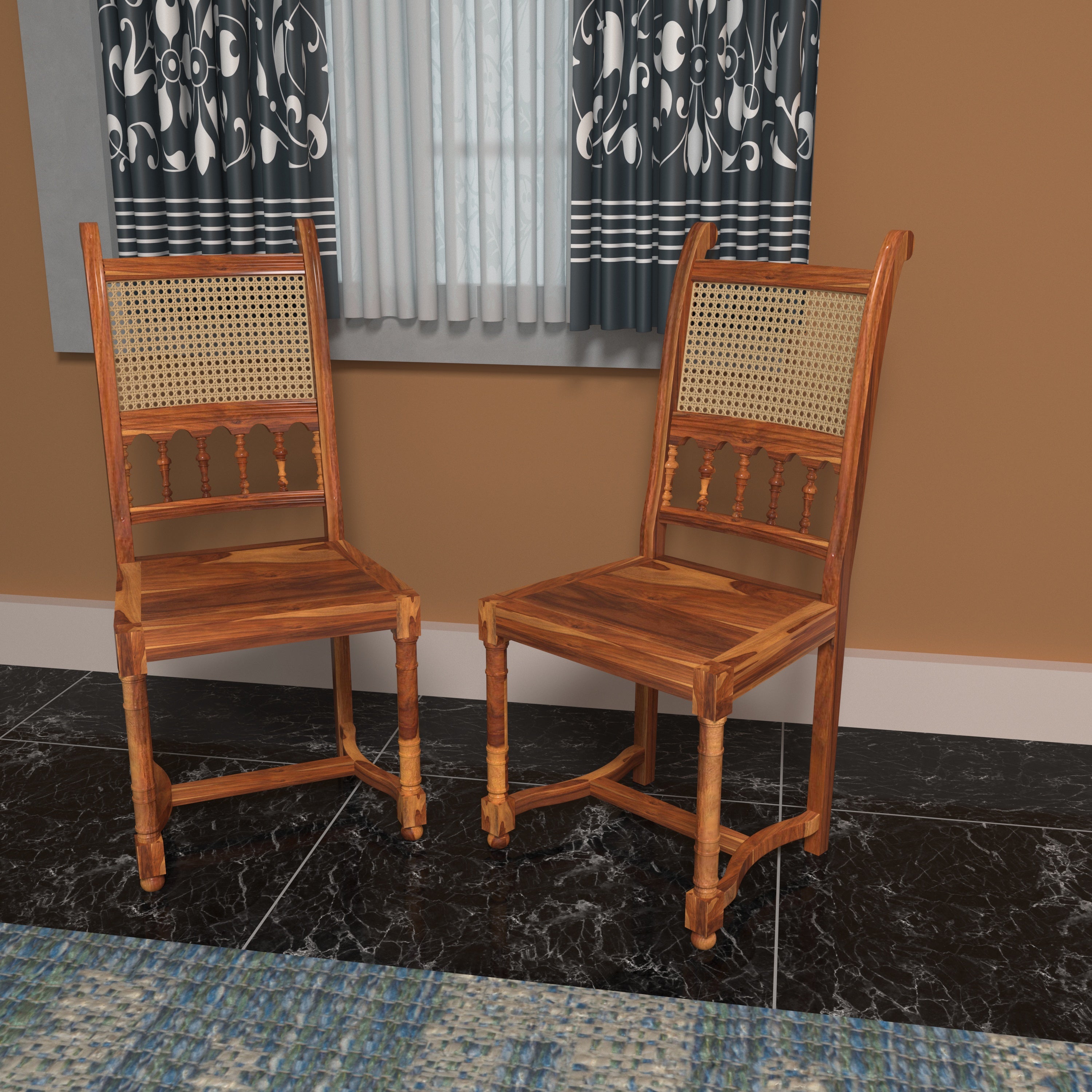 Classic Handmade Cane with Pillar Back Wooden Seating Chair Set of 2