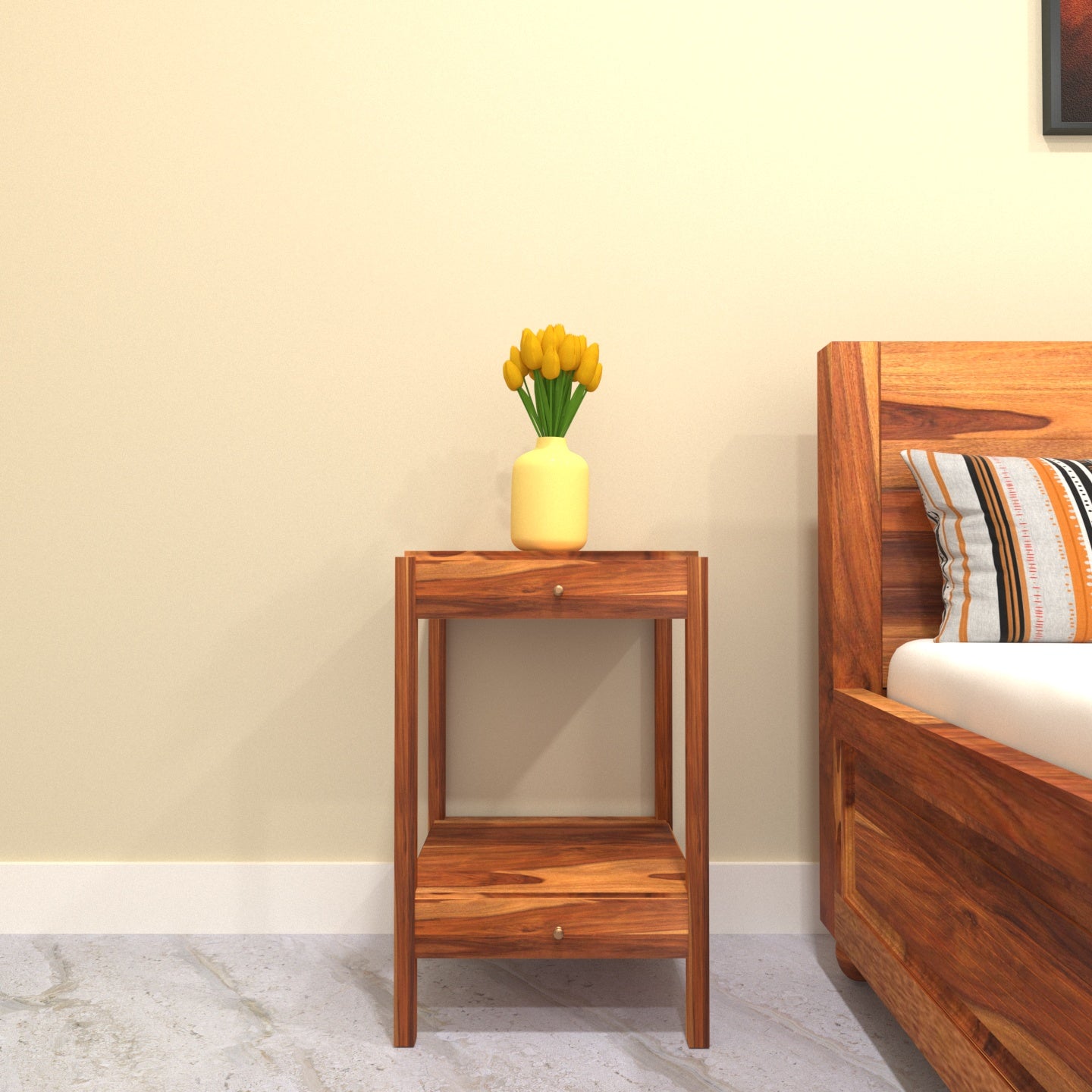 Modern Montage Styled Wooden Double Drawer Bedside with Storage Bedside