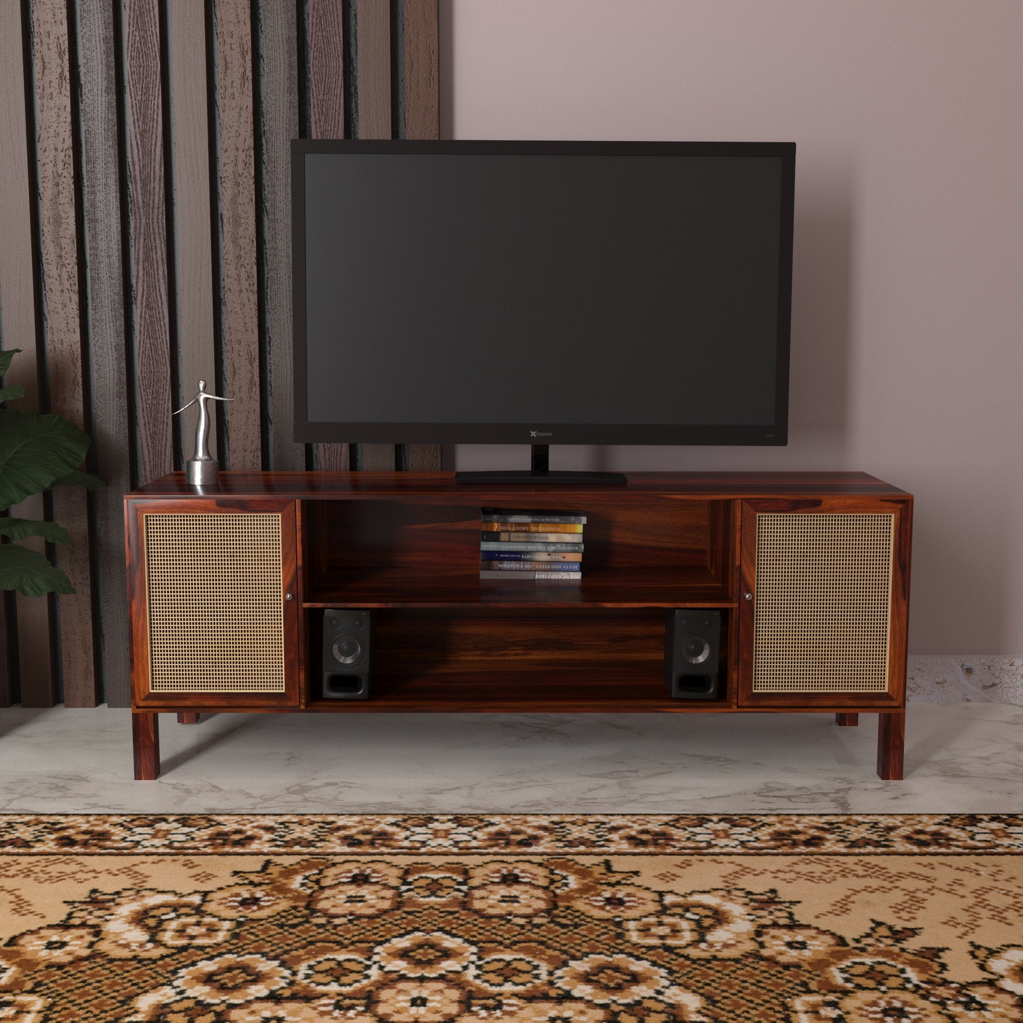 Premium Aesthetic Dark Handmade Wooden Cane TV Stand for Home Tv stand