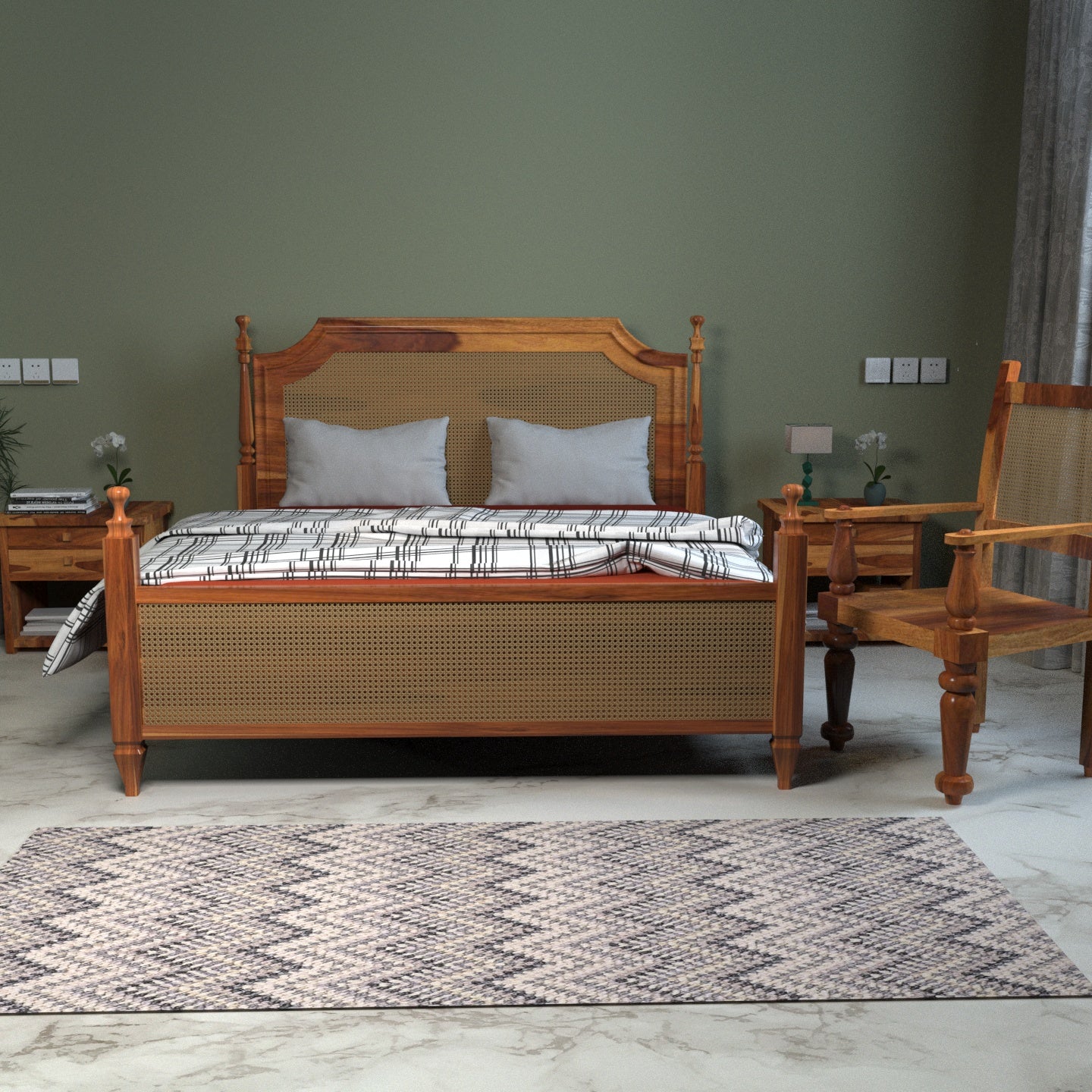Indian Simple Decent Handmade Wooden Bed with Classic Arm Chair Bedroom Furniture Sets