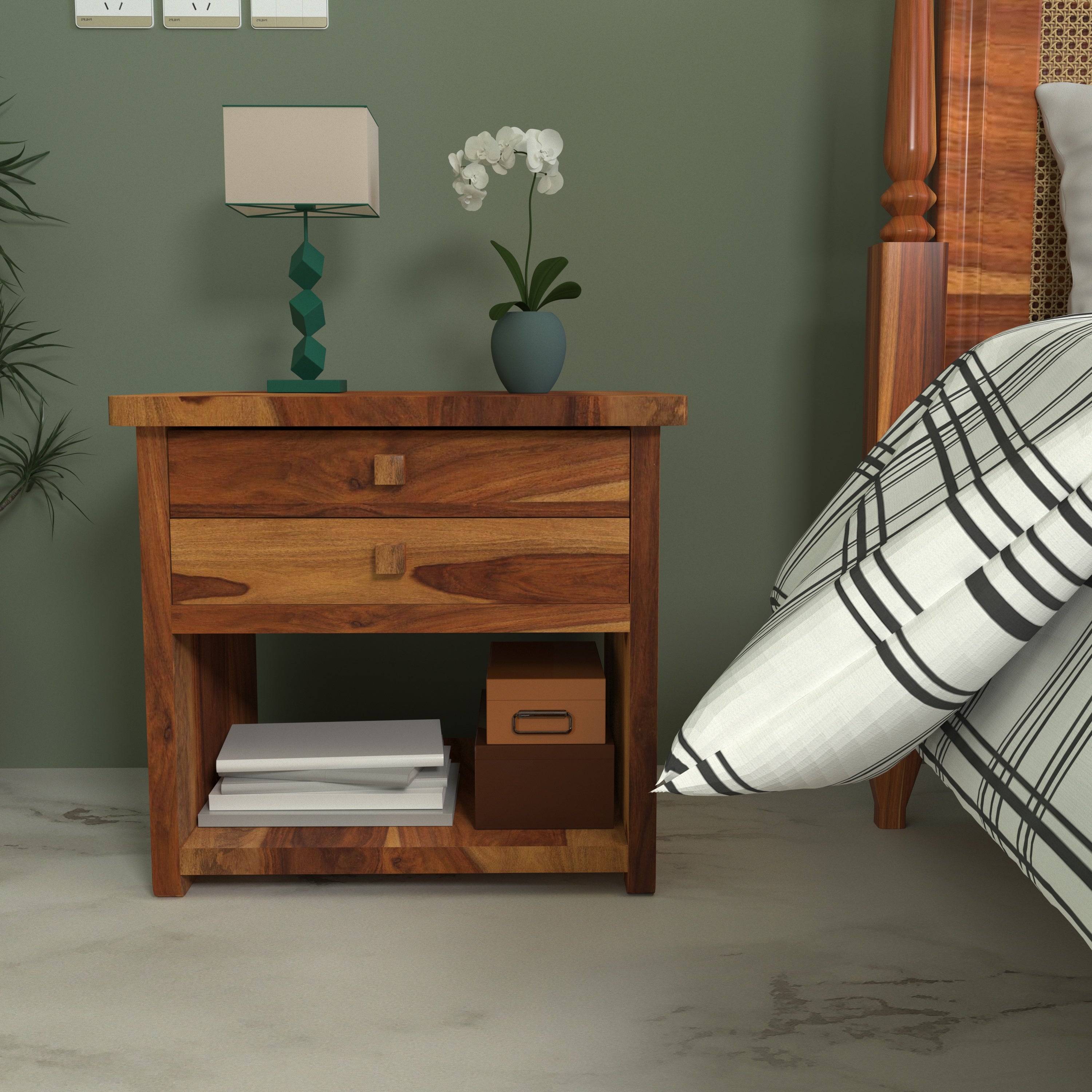 Denver Double Drawer with Storage Handmade Wooden Bedside for Home Bedside