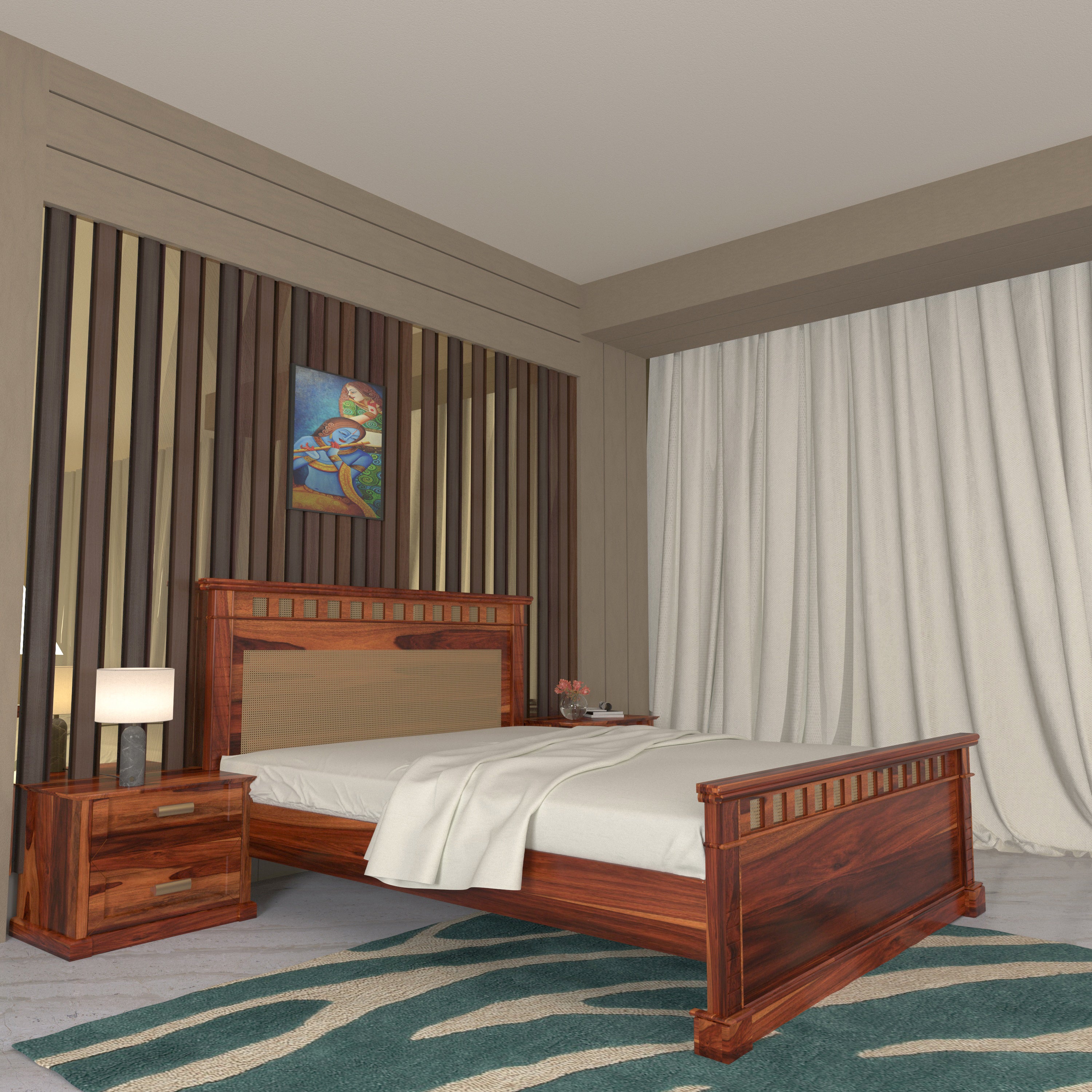 Vintage Denver Style Wooden Handmade Bed with Storage Bedside Bedroom Furniture Sets