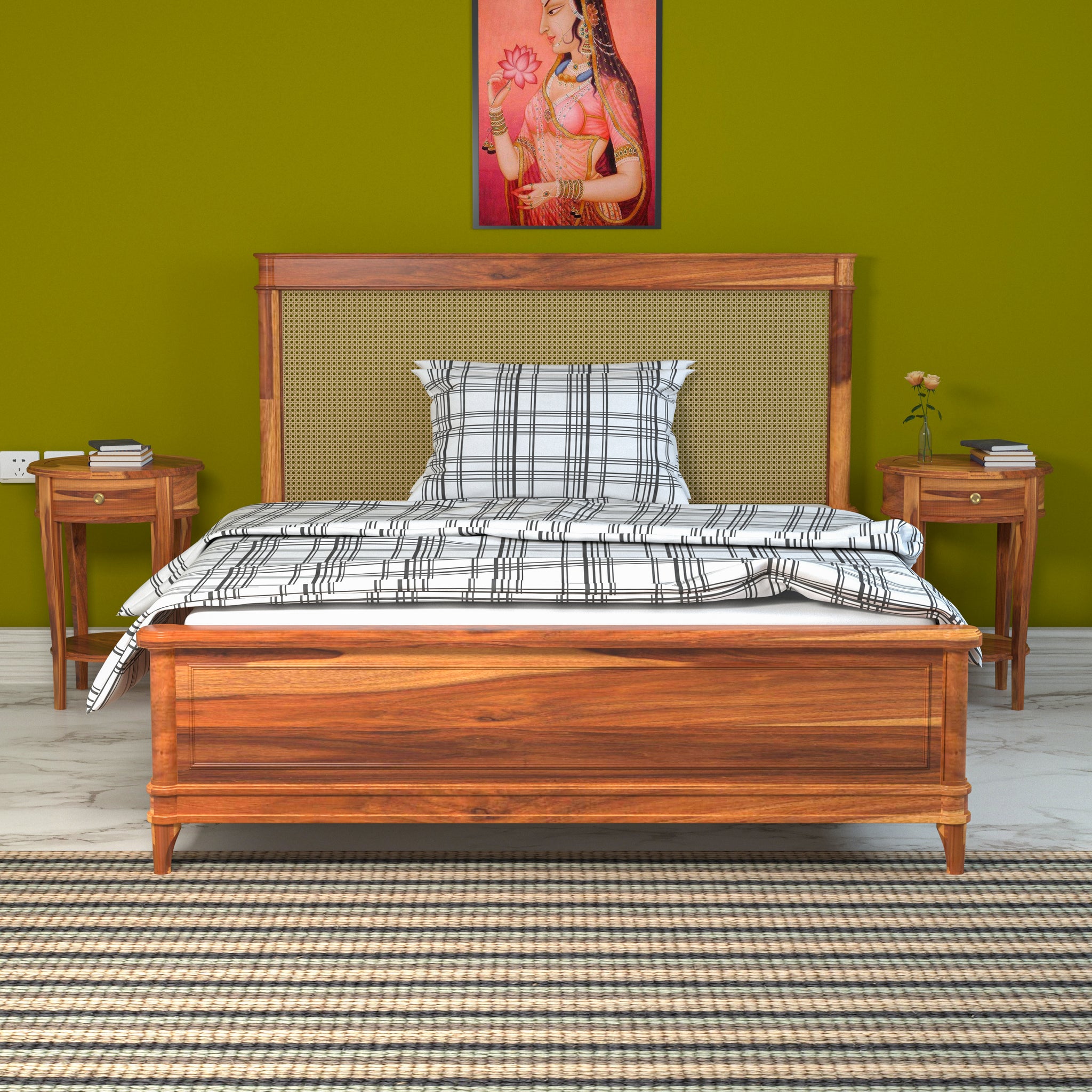 Rustic Heritage Style Handmade Wooden Bed with Attractive Wooden Bedside