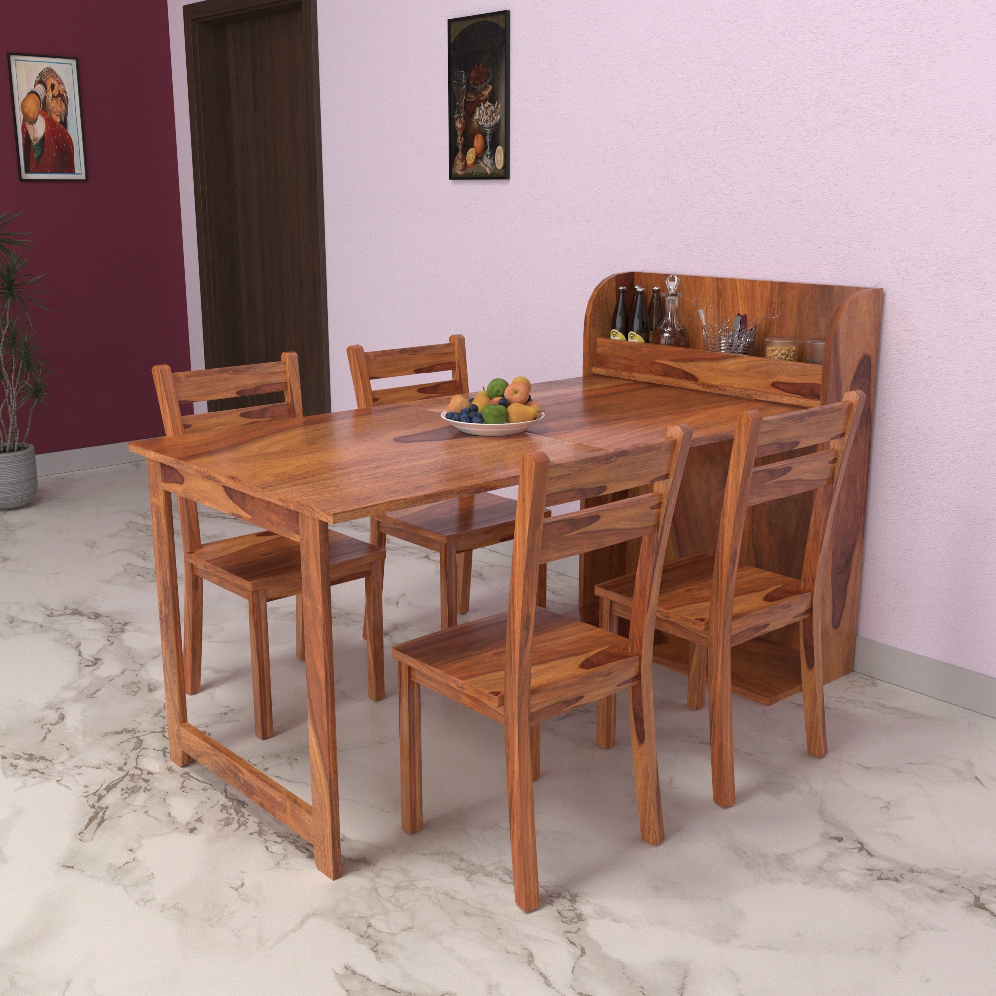 Natural Brown Light Finished Handmade Wooden Dining Set with Storage Rack Mountain Dinning Table
