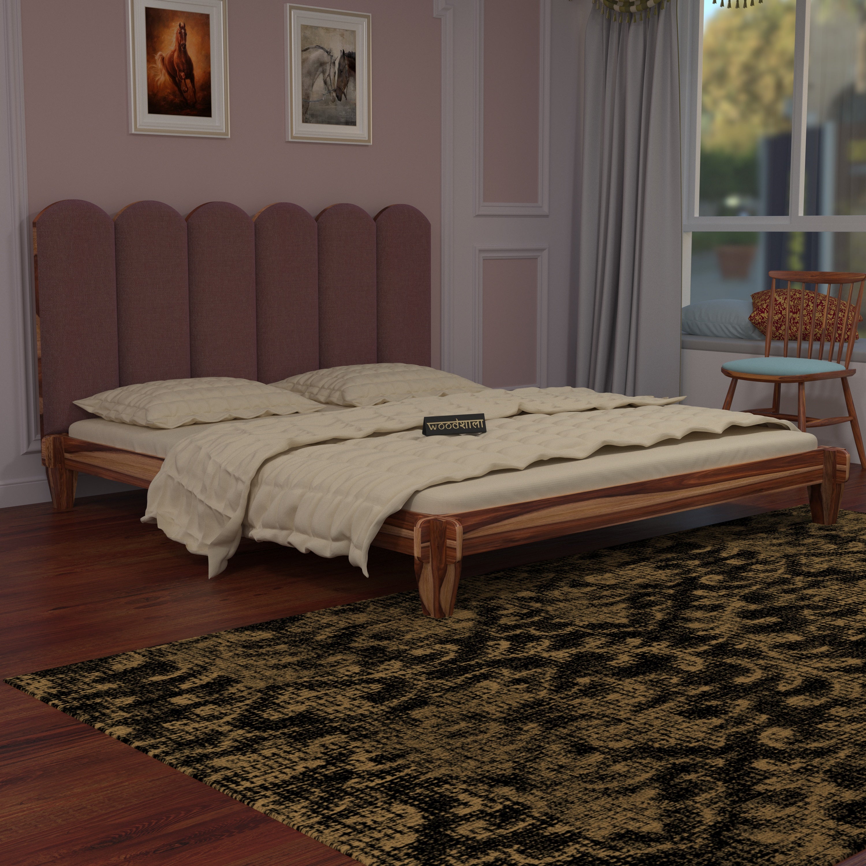 Solid Teak upholstered Headboard Classic Design Bed Sheesham Wood Bed
