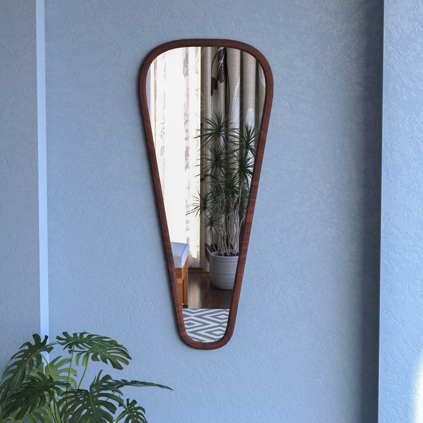 Premium Curved Shaped Thin Border Wood Finish Mirror Mirror