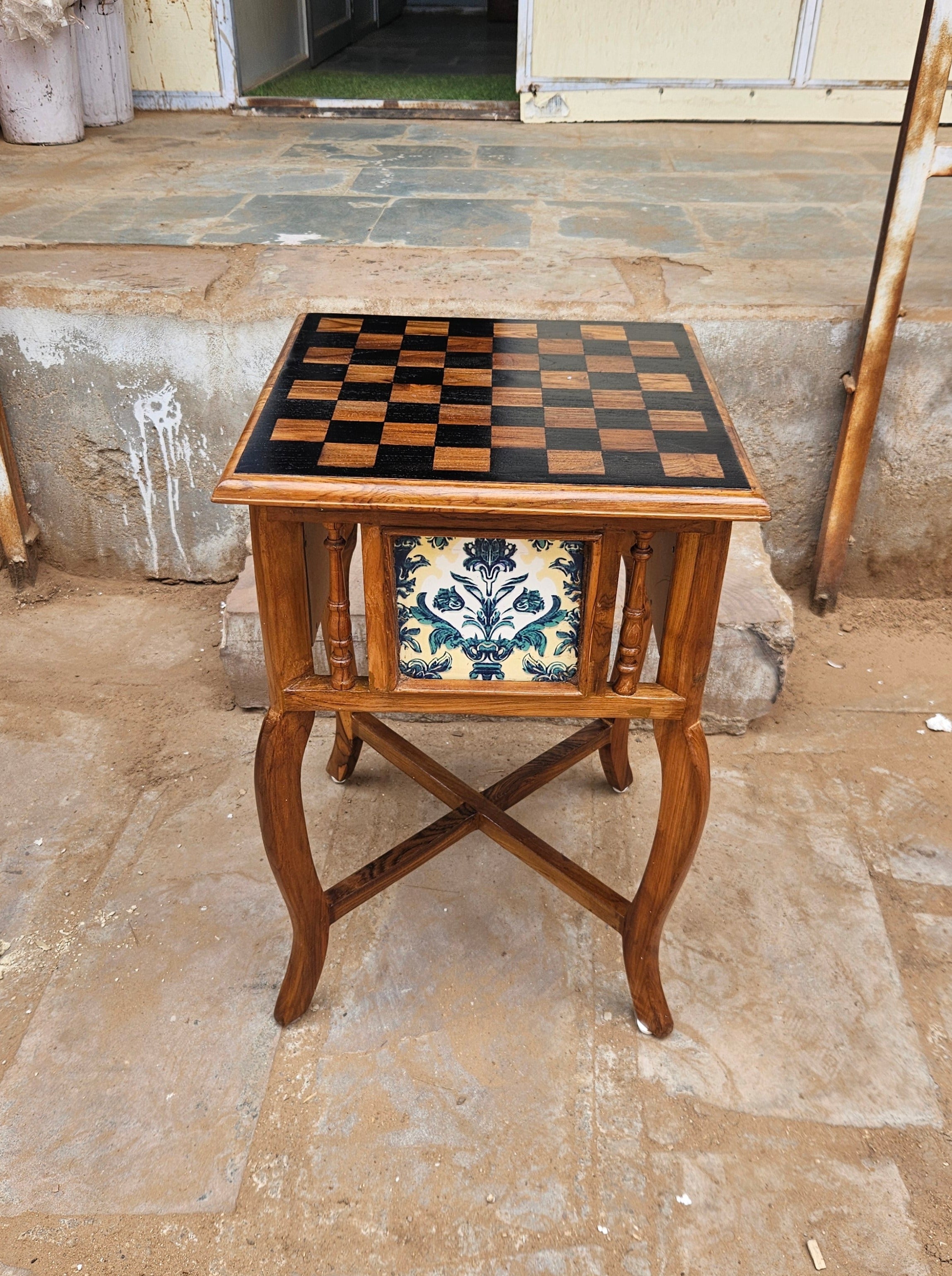 Natural Solid Brown Chess Top Finished Wooden Handmade End Table End Table