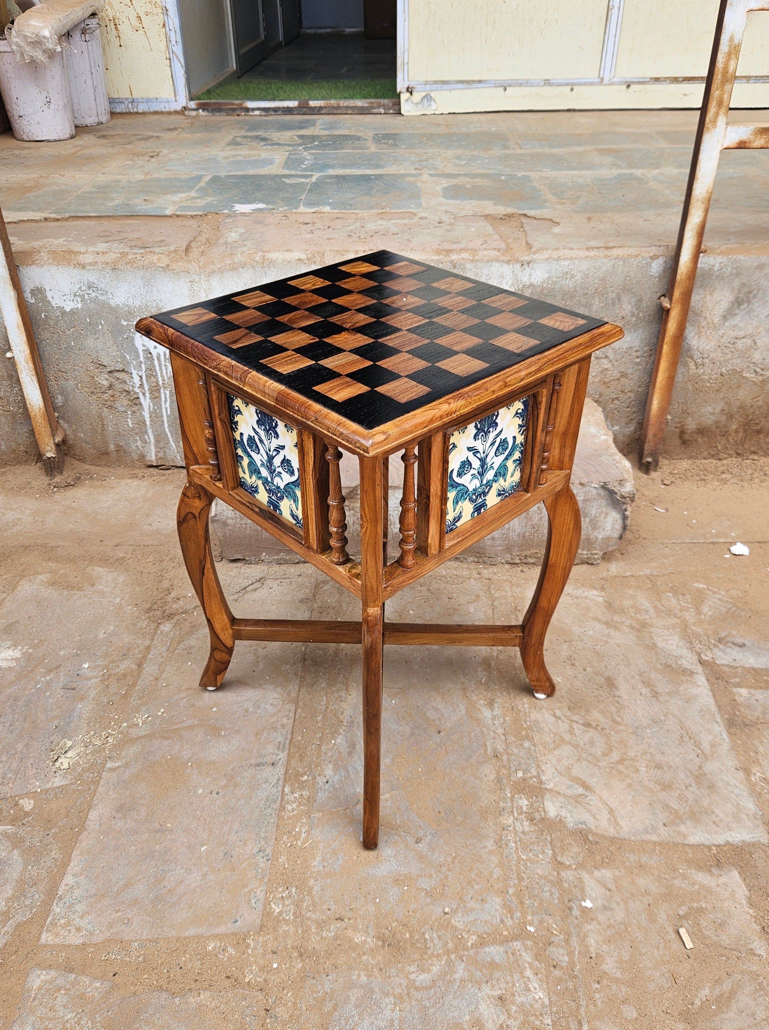 Natural Solid Brown Chess Top Finished Wooden Handmade End Table End Table