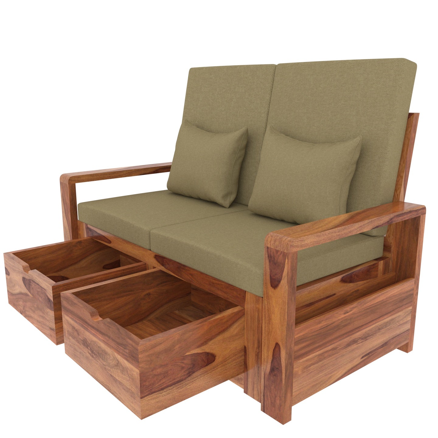 Moss Green Premium Sheesham Wooden 2 Seater Sofa with Storage Sofa
