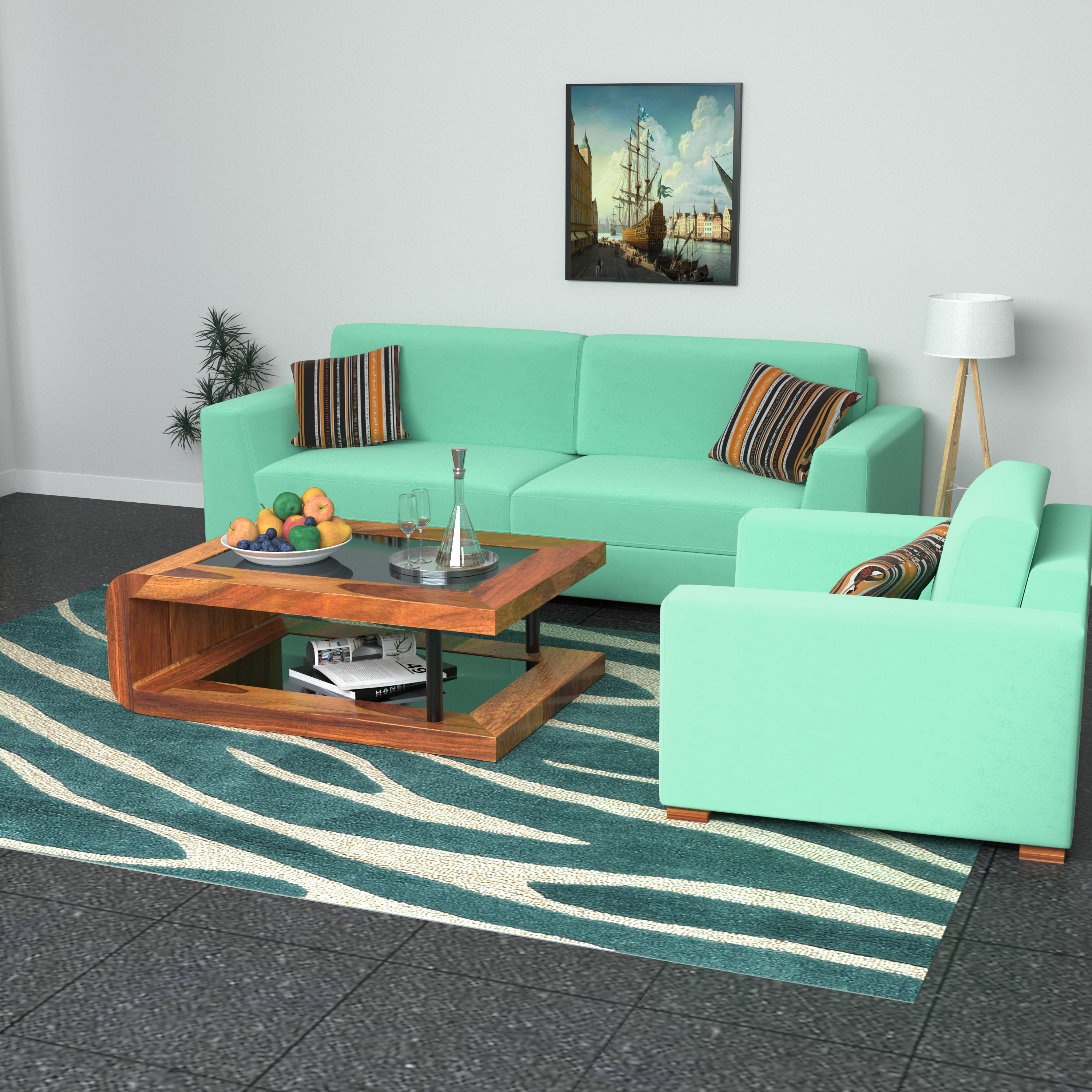 Emeriad Green Pastel Coloured Comfort 2+1 Seater Sofa + Center Table for Home Sofa