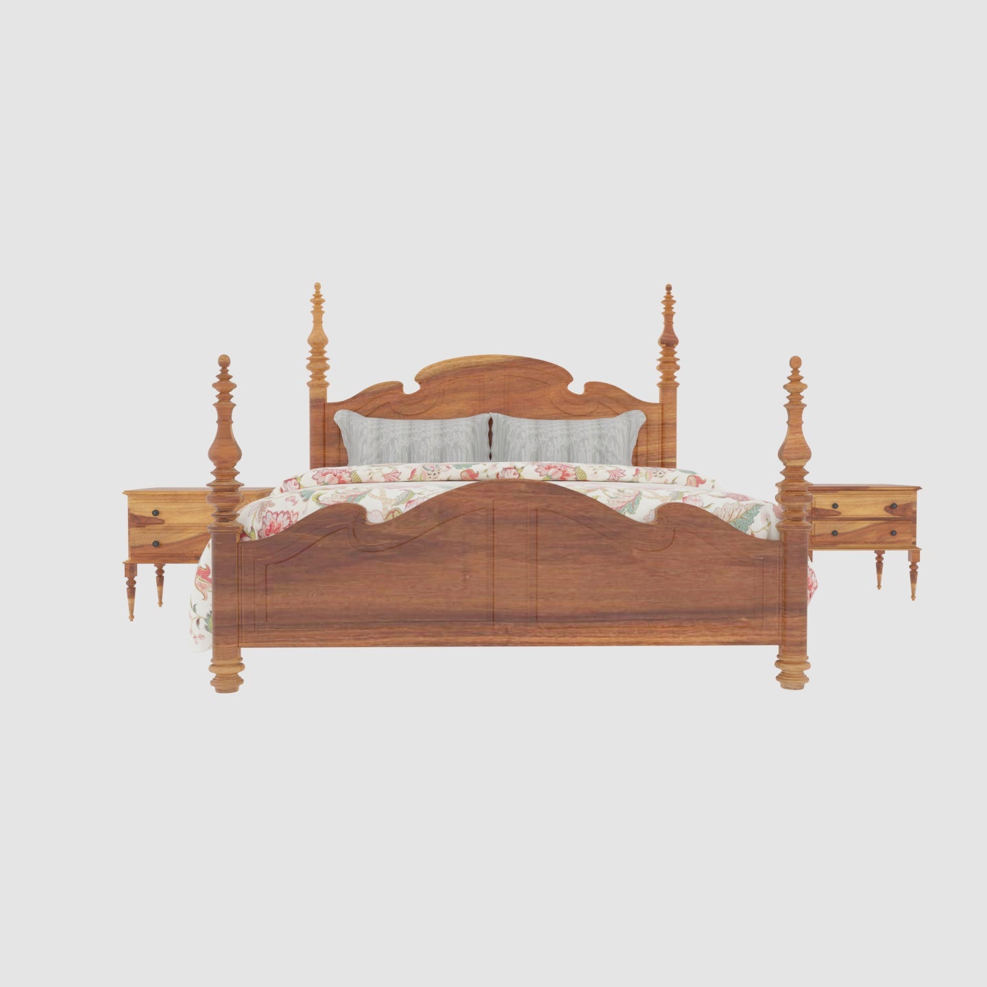 Traditional Handmade Wooden Premium Size Bed with Bedside Bedroom Furniture Sets