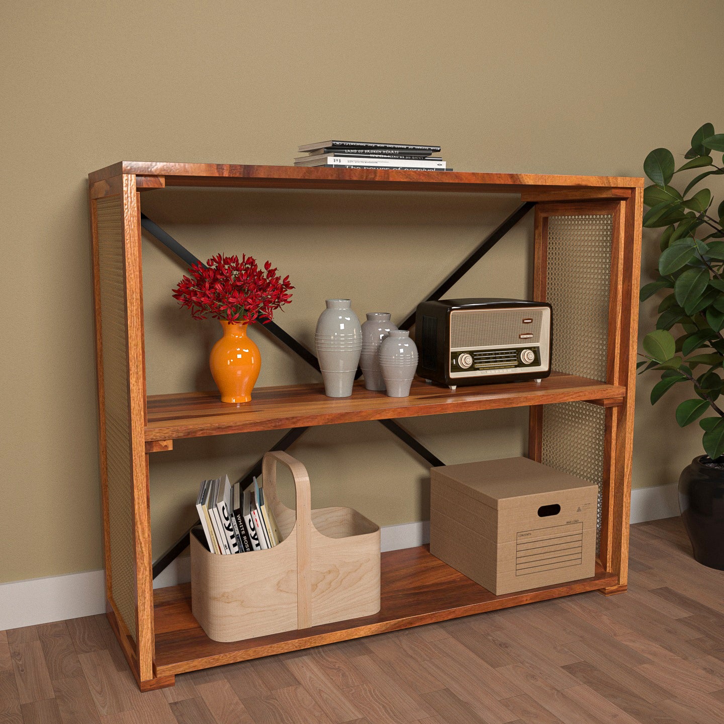 Modern Style Crisscross Cane Wooden Console Storage Rack