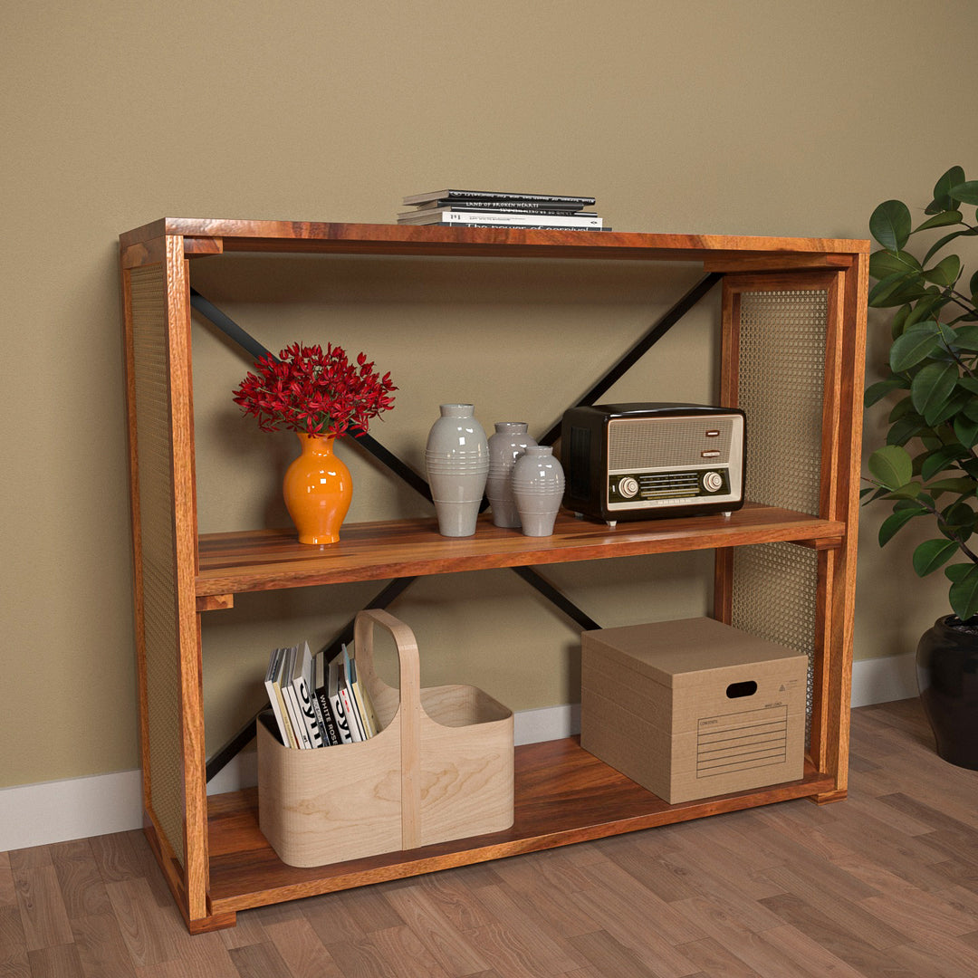 Modern Style Crisscross Cane Wooden Console Storage Rack Console Table