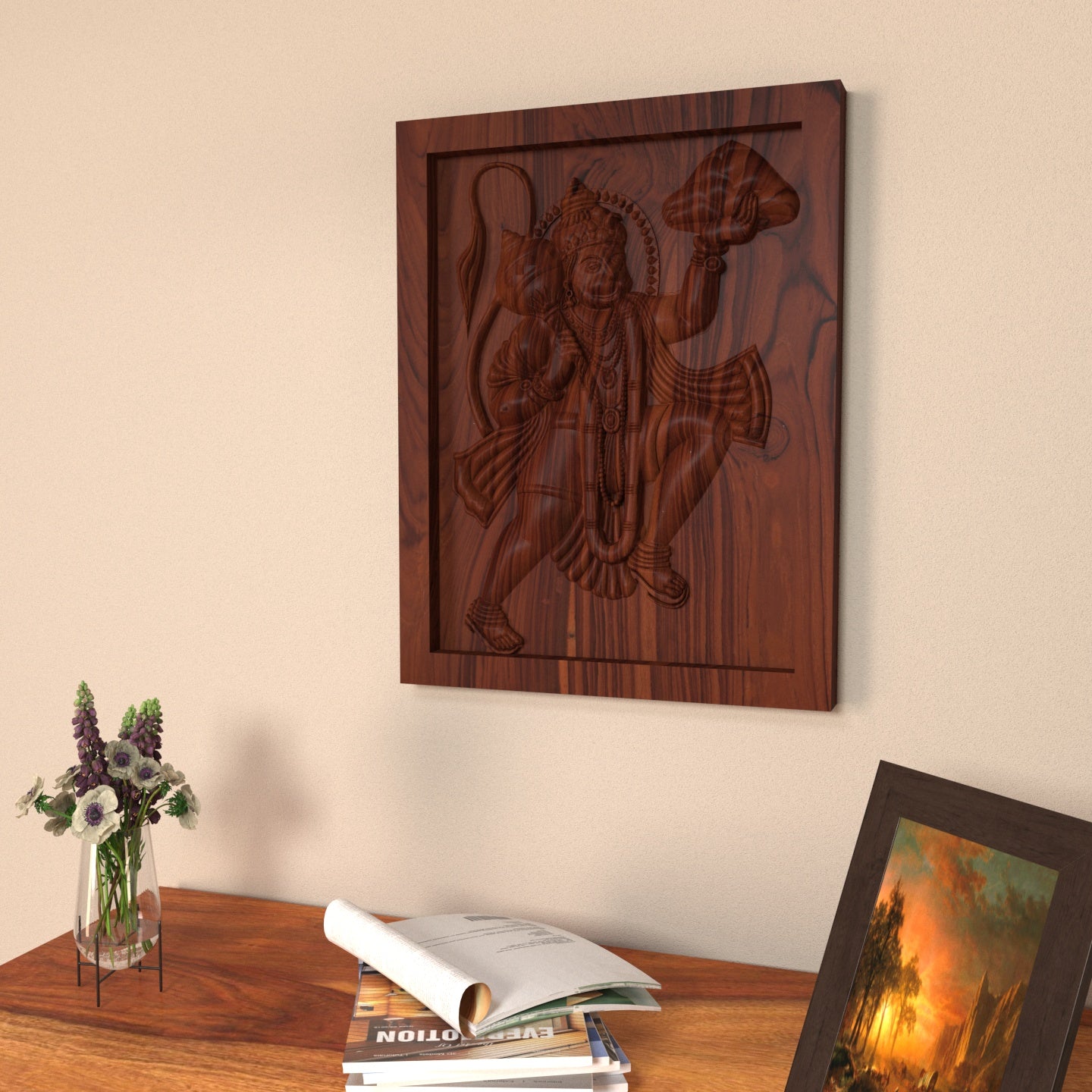 Lord Hanuman with Mountain Wooden Vintage Wall Decor Wall Decor