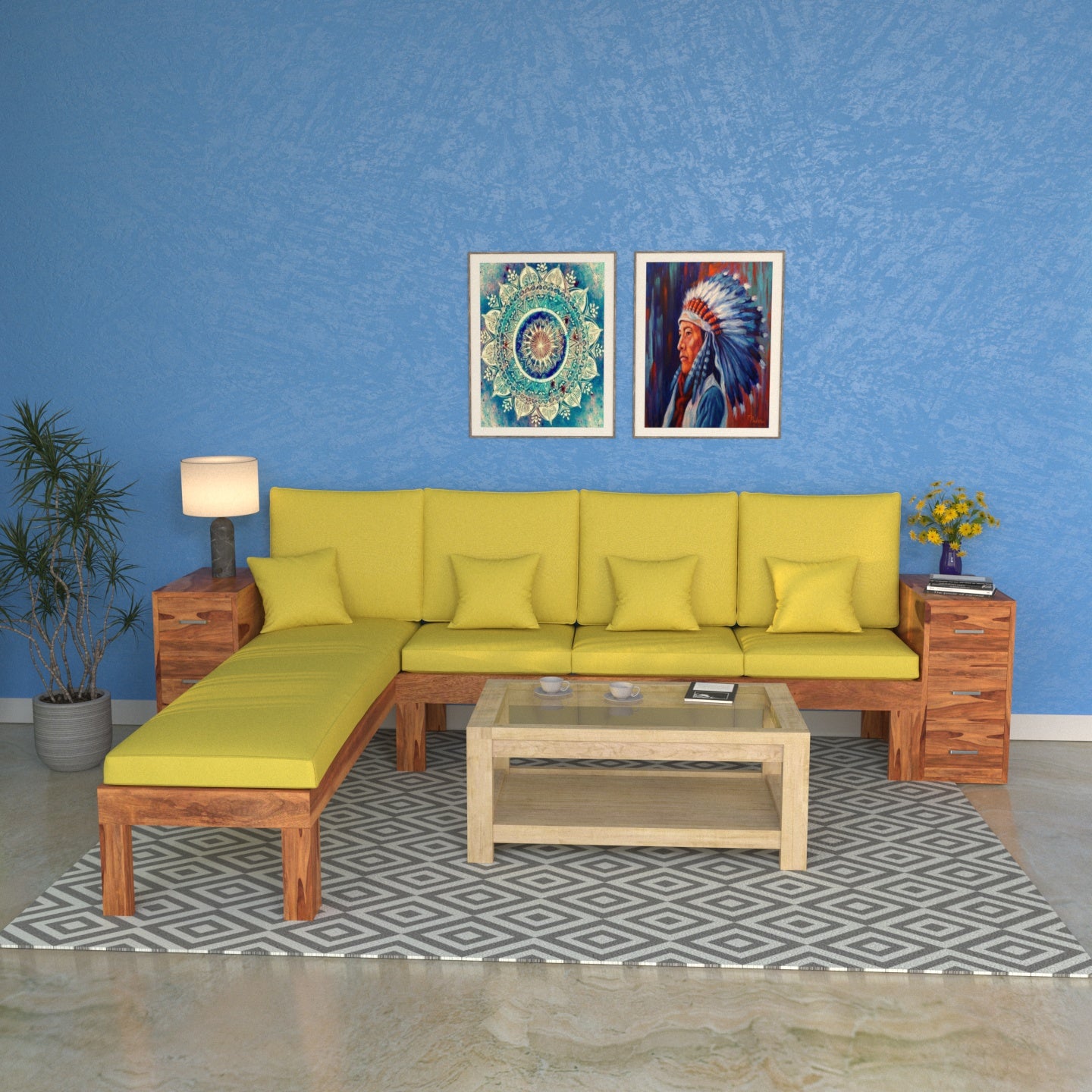 Bumblebere Yellow 6 Seater Long Wooden Premium Guest Sofa Sofa