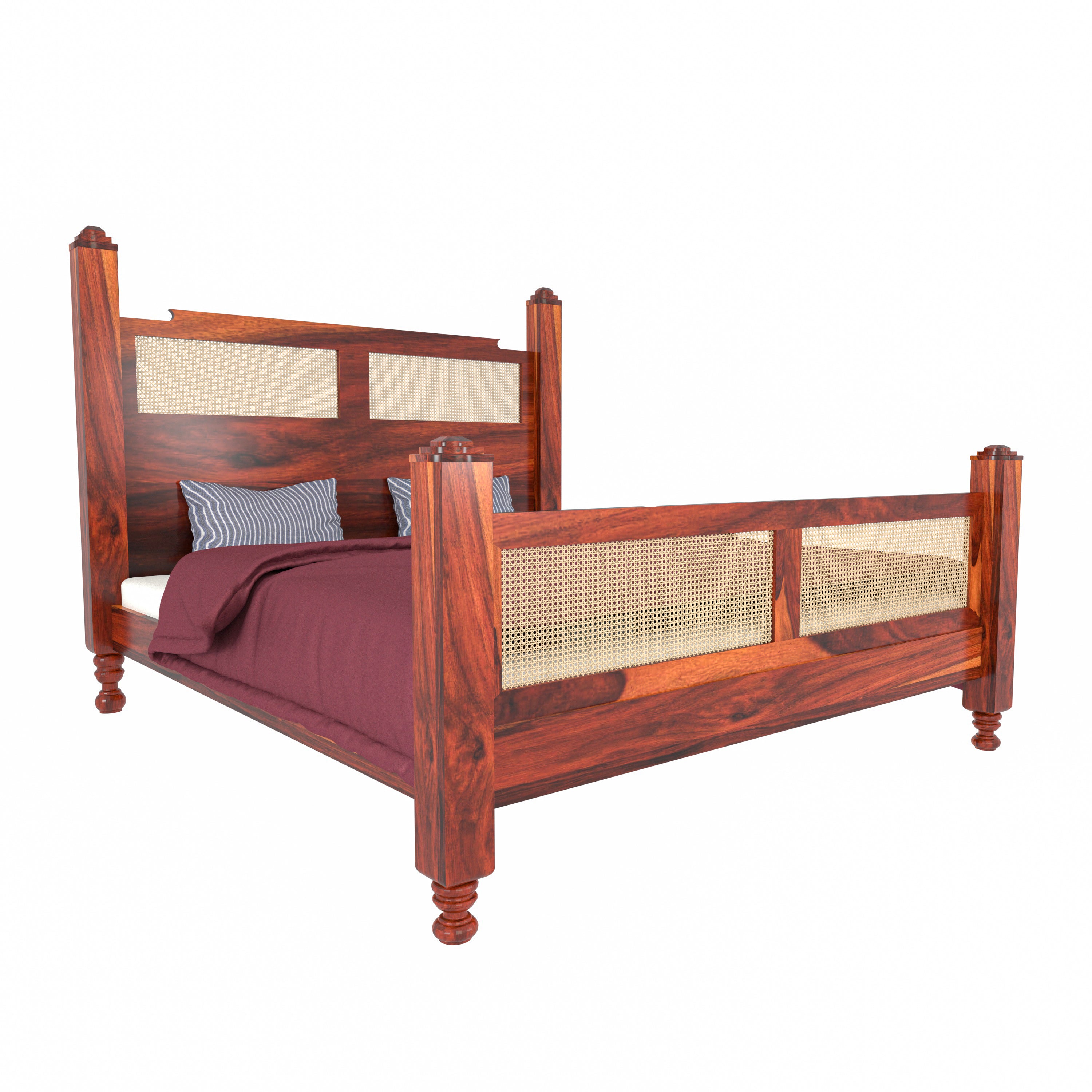 Classic Cane Simple Heritage Style Handmade Wooden Bed with Simple Bedside Bedroom Furniture Sets