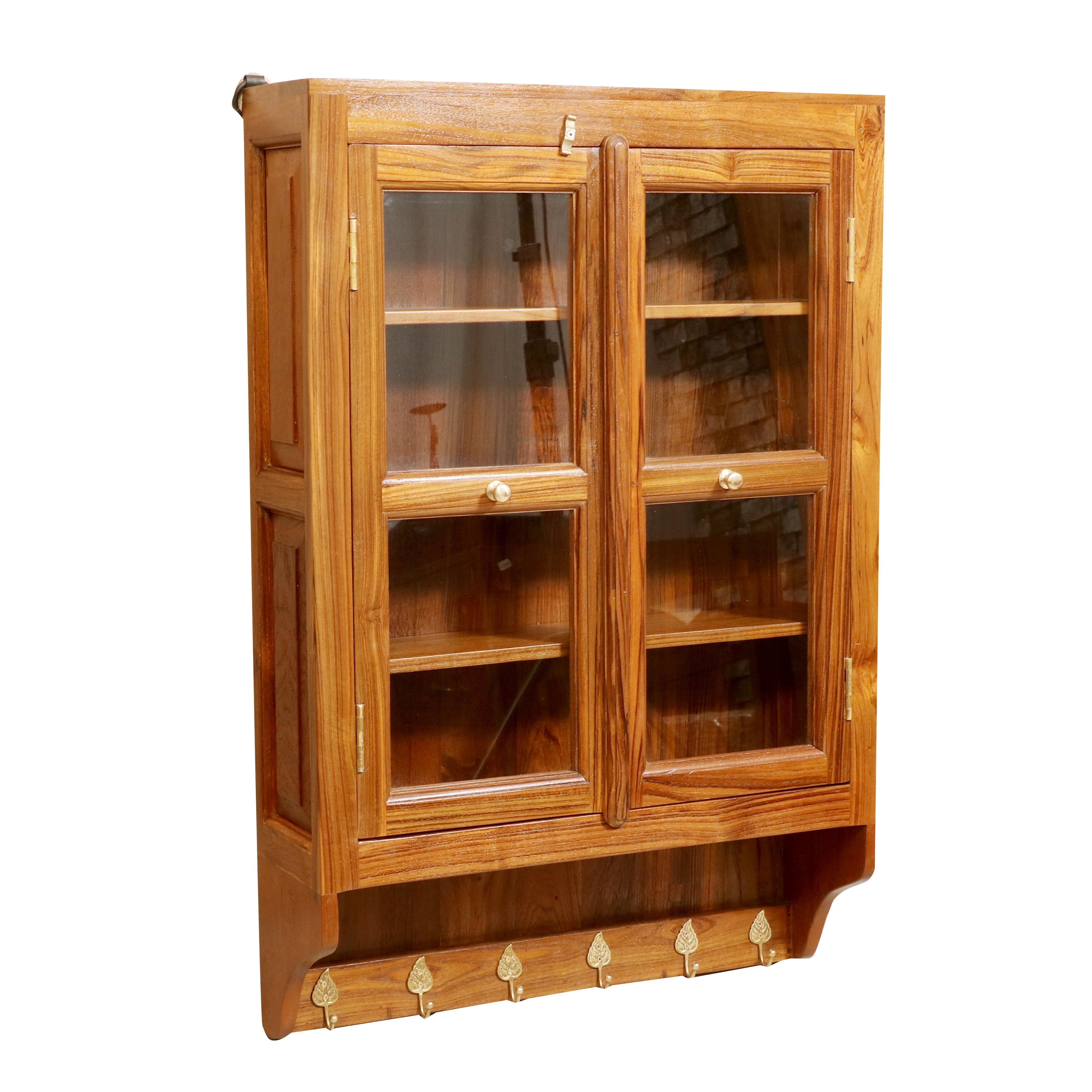 24 x 7 x 36 Inch Glass and Teak Wooden Wall Cabinet Wall Cabinet