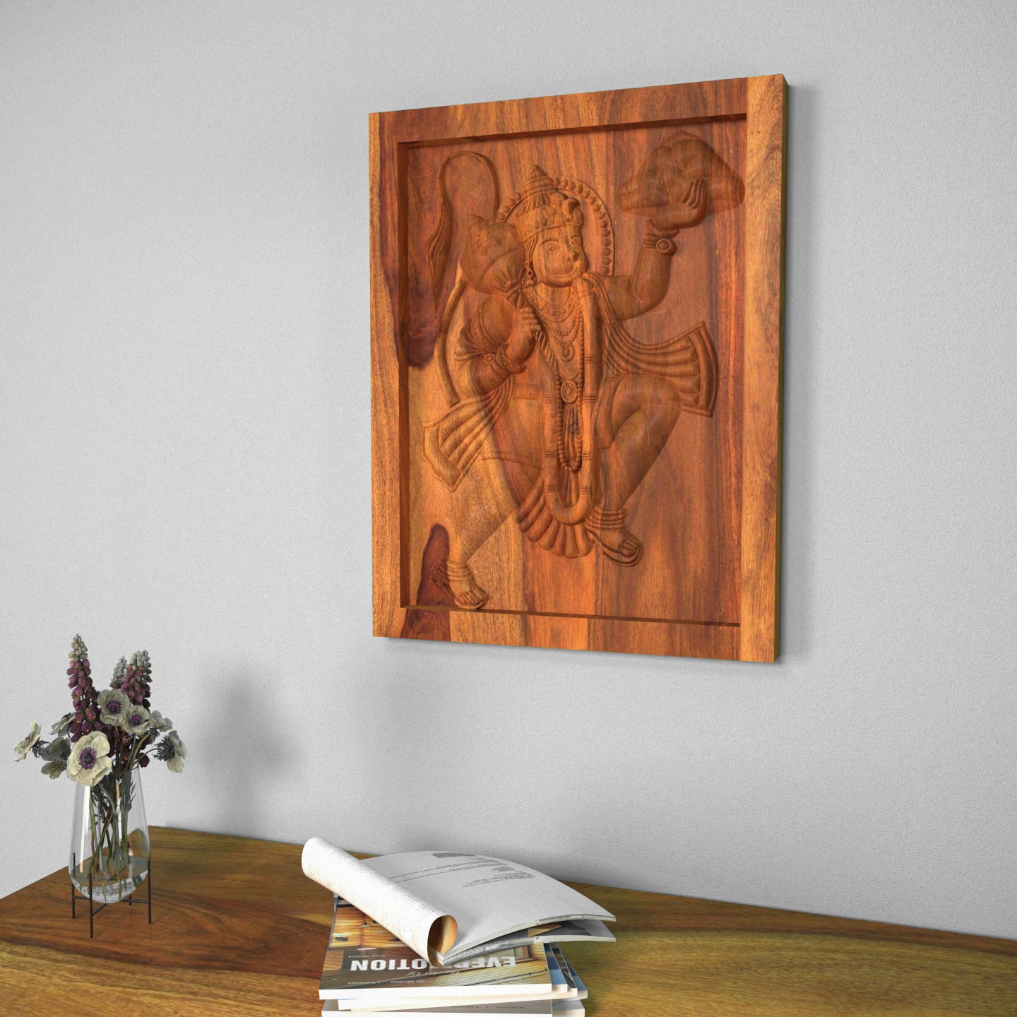 Lord Hanuman with Mountain Wooden Vintage Wall Décor Wall Decor
