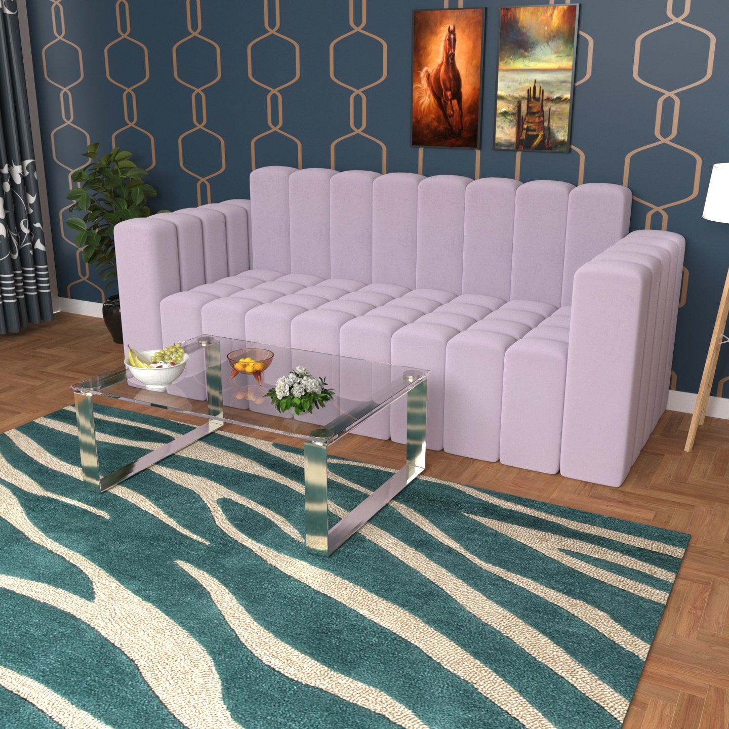 Strip Style Poly Purple Wooden 3 Seater Sofa Sofa