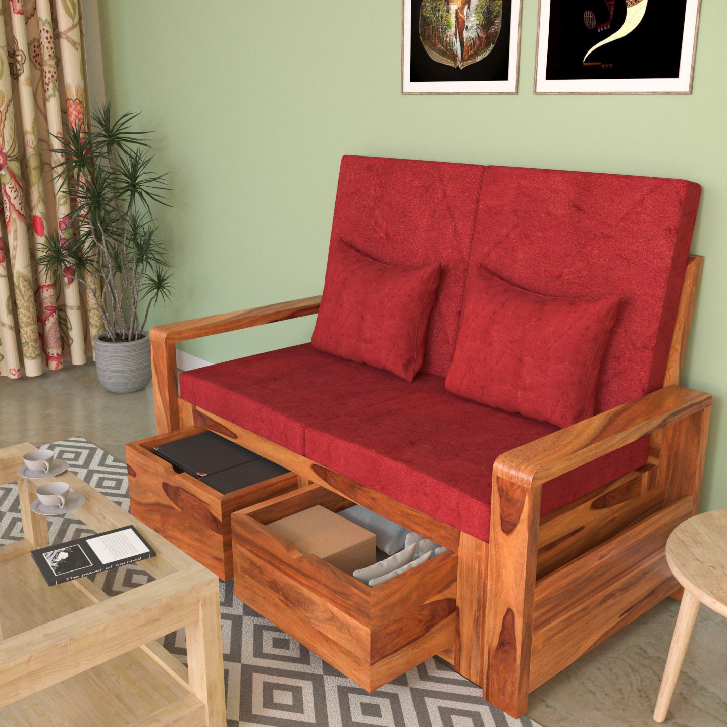 Retro Reddish Vintage Sheesham Wooden 2 Seater Sofa with Storage Sofa