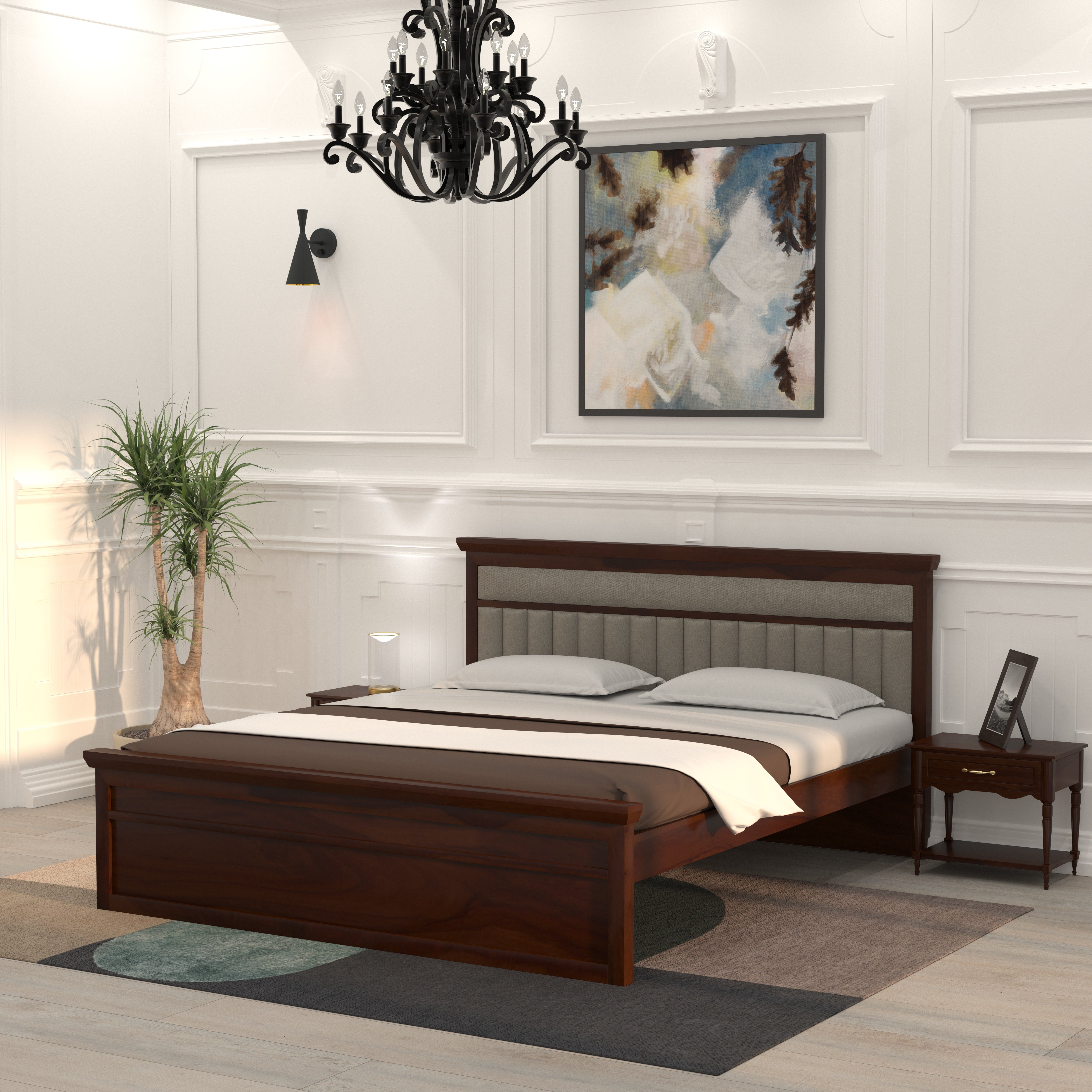 Handcrafted Wooden Bed with Cushion Headboard Bed