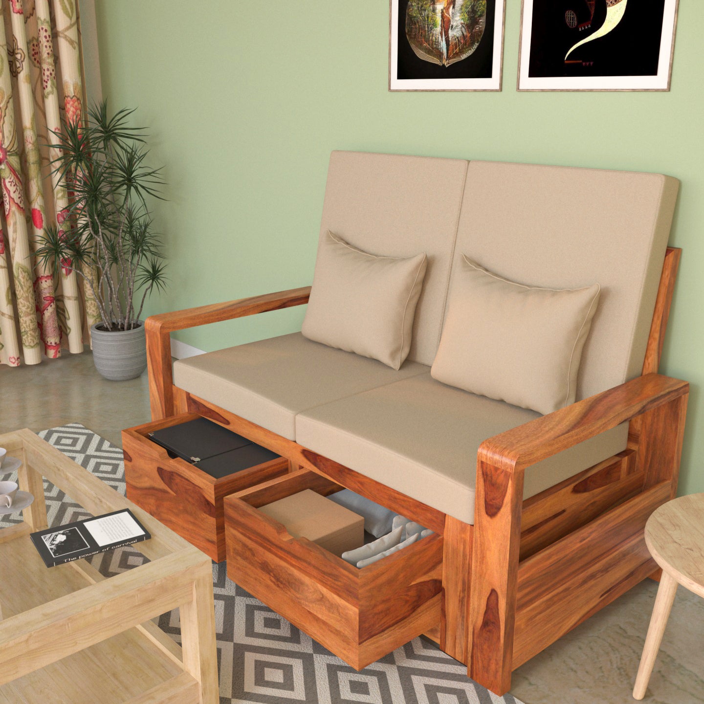 Mellow Cream Premium Sheesham Wooden 2 Seater Sofa with Storage Sofa