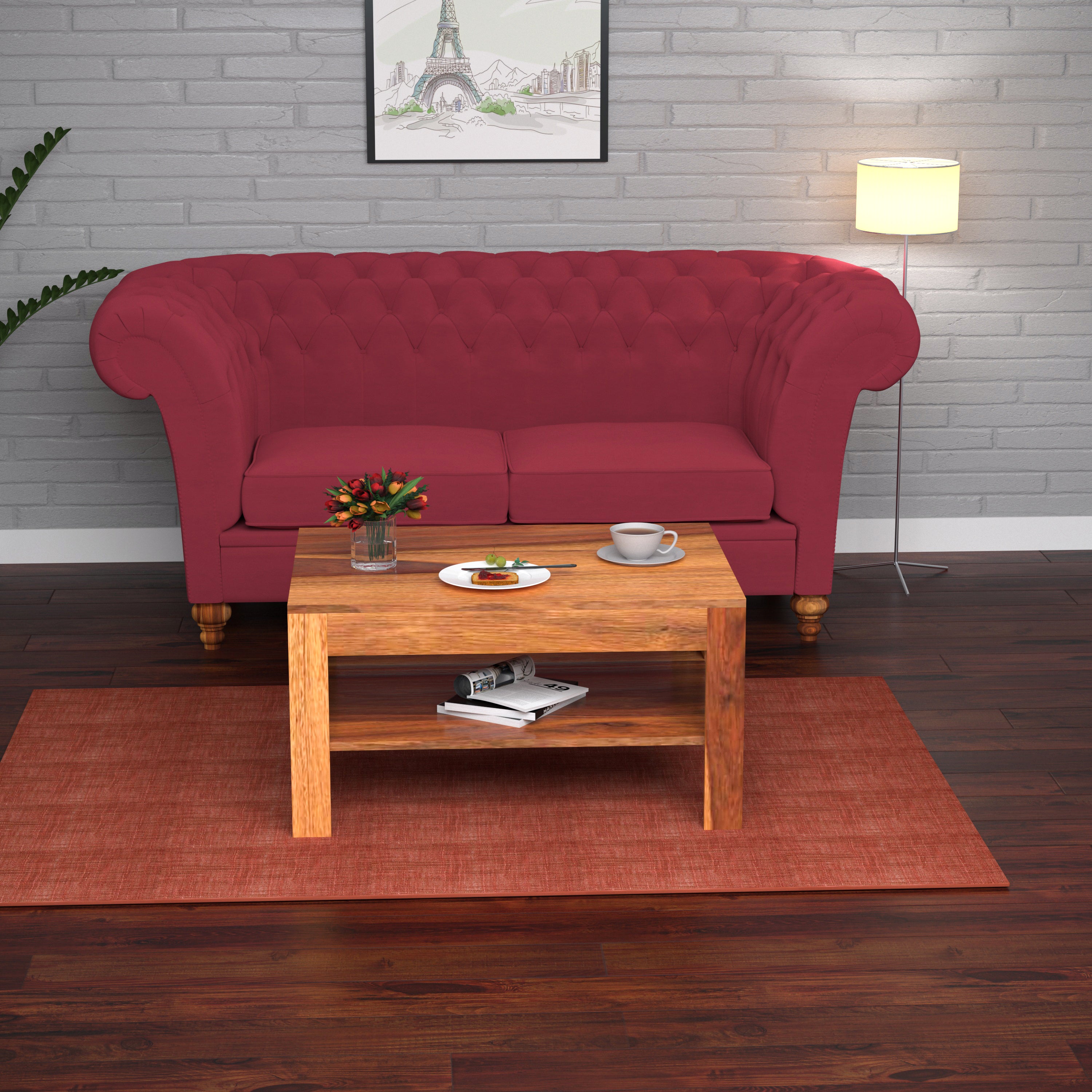 Burdeos Red Pastel Coloured Comfort Large 2 Seater Sofa + Center Table for Home Sofa