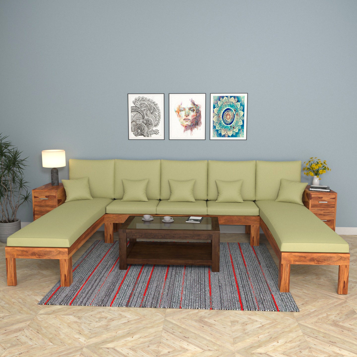 Mint Green 9 Seater Long Wooden Premium Guest Sofa Sofa