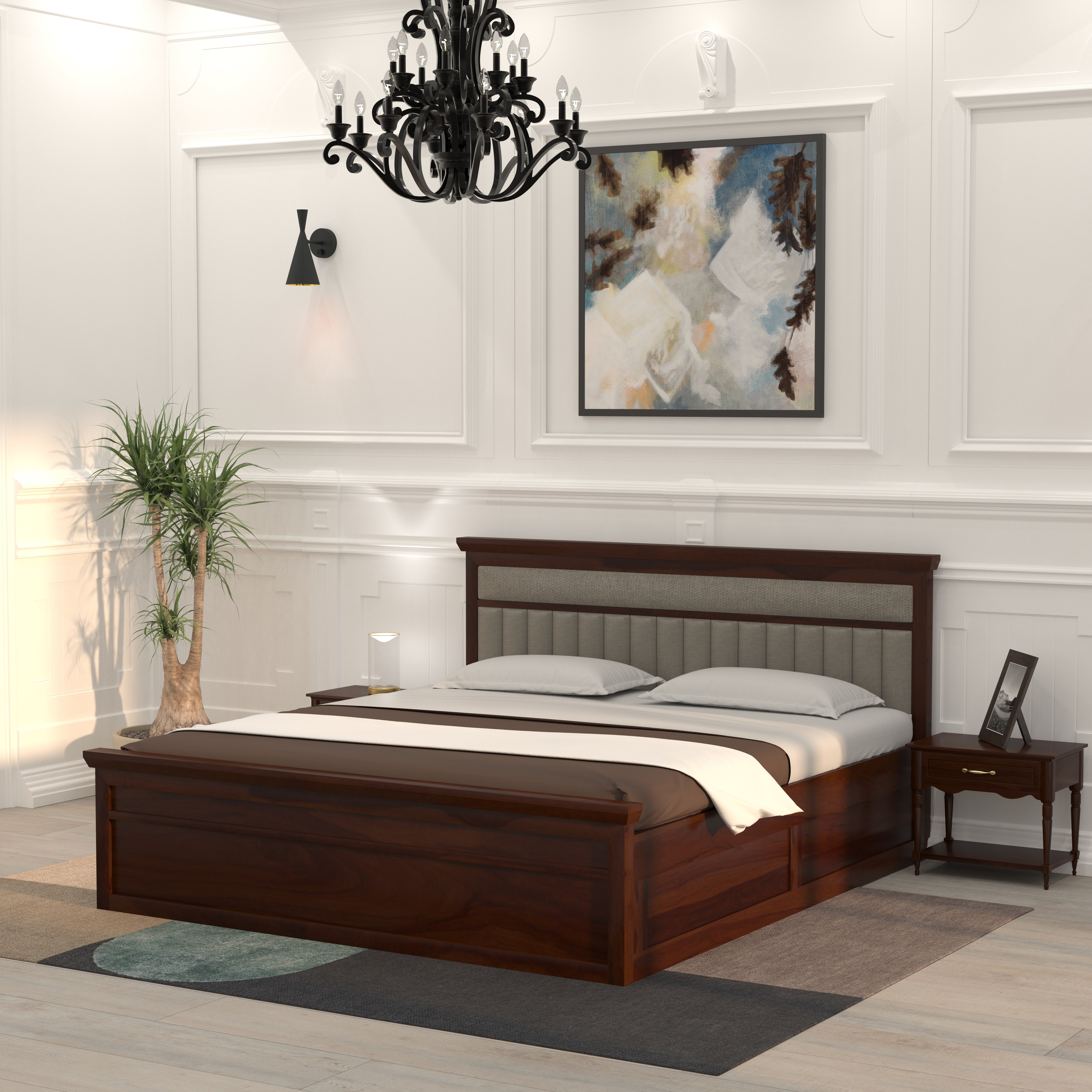 Handcrafted Wooden Hydraulic Bed with Cushion Headboard Bed