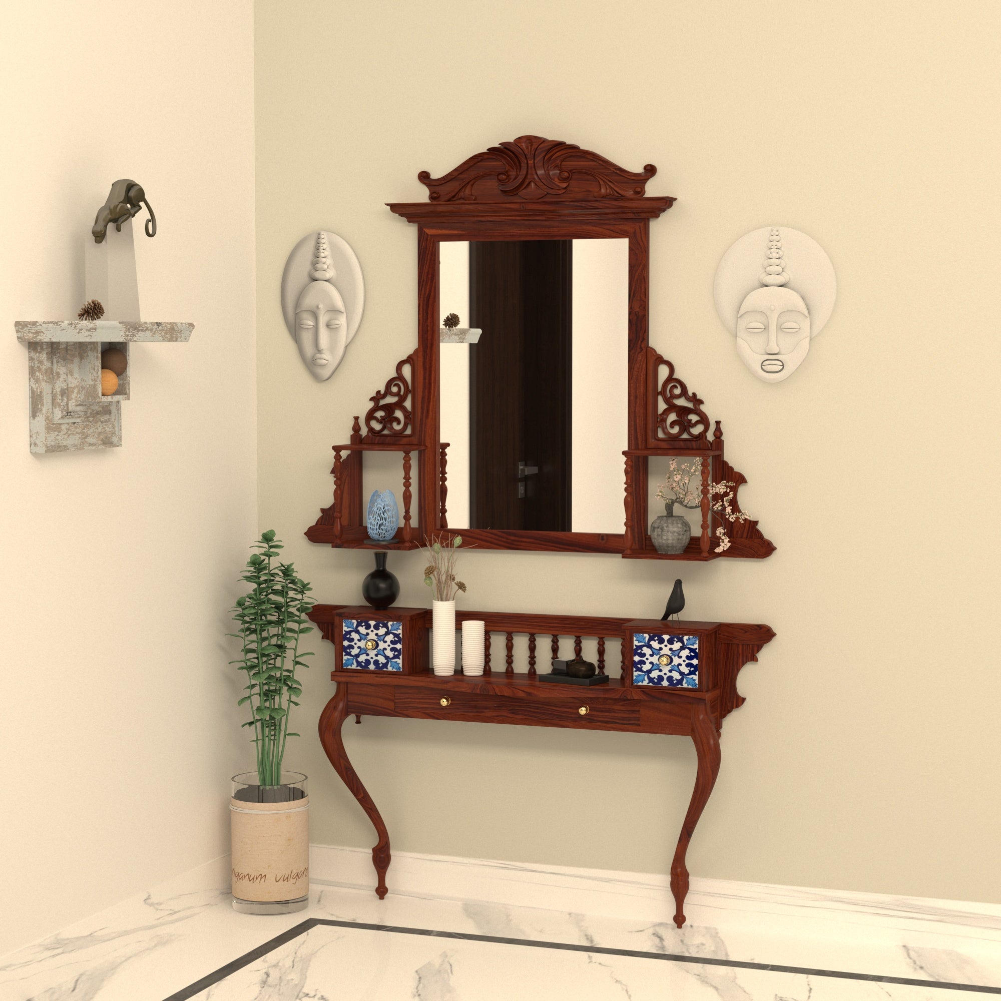 Aesthetic Natural Brown Heritage Finished Handmade Wooden Mirror Mirror