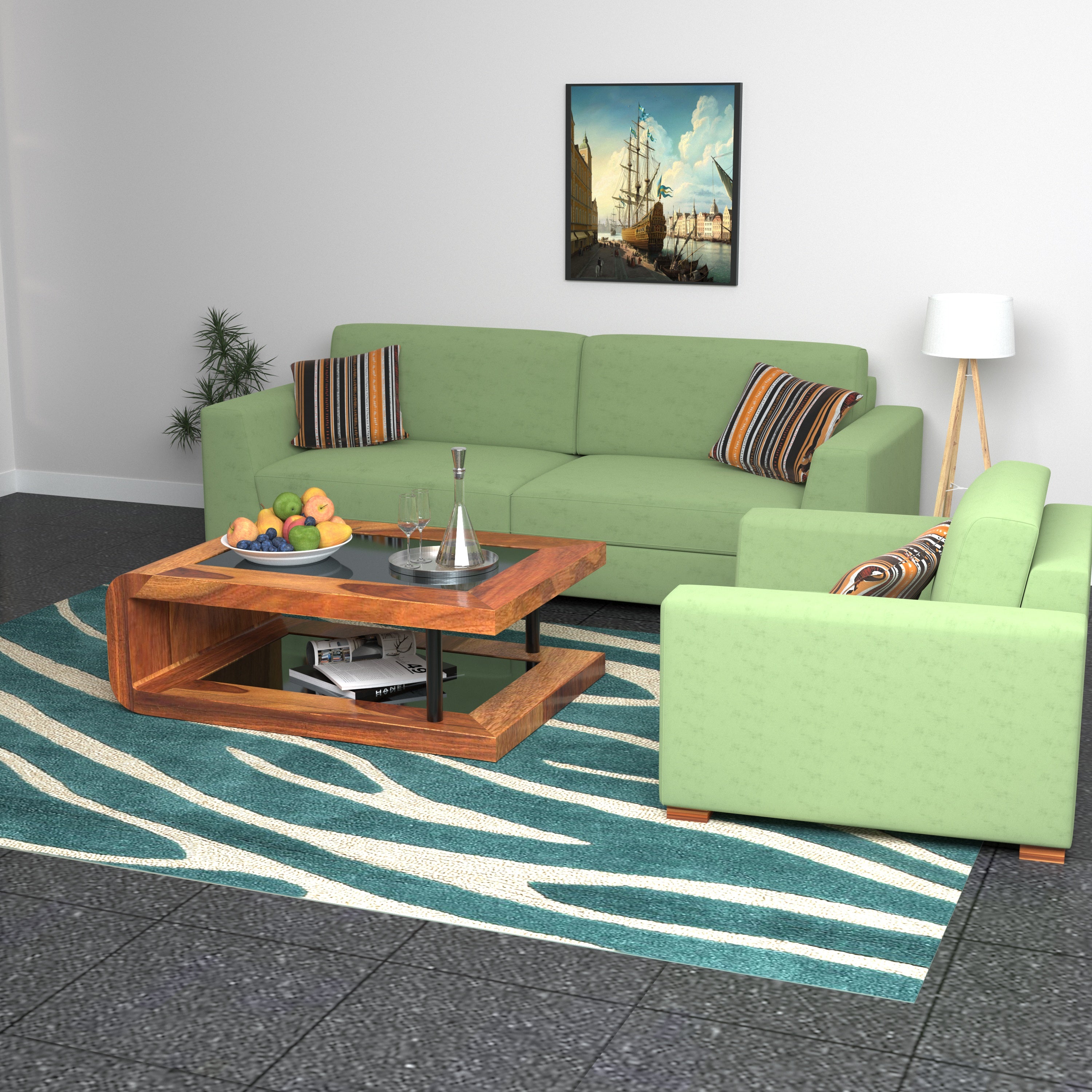 Grass Green Pastel Coloured Comfort 2+1 Seater Sofa + Center Table for Home Sofa