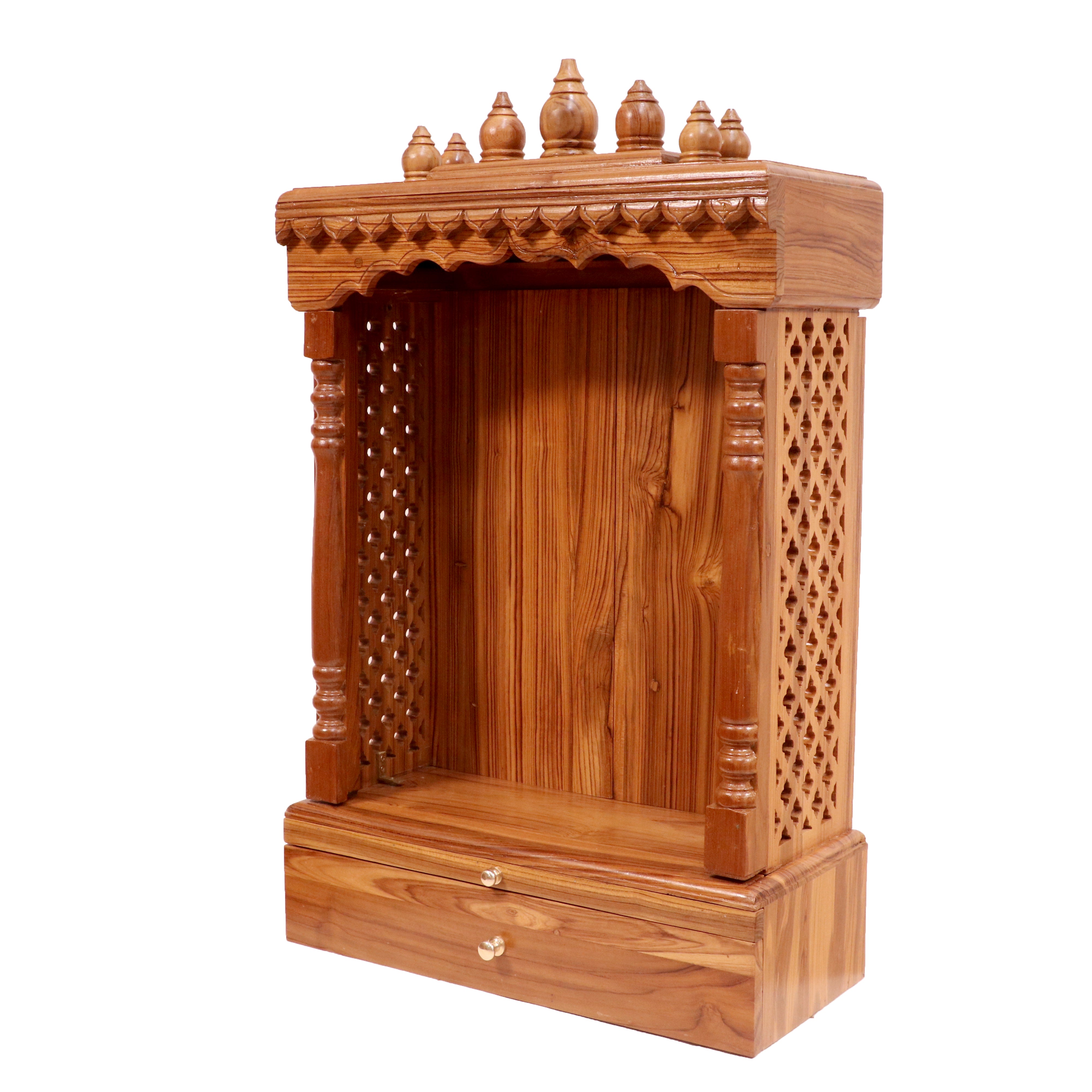 Vintage Tone Finish with Carved Jali Handmade Wooden Temple for Home Temple