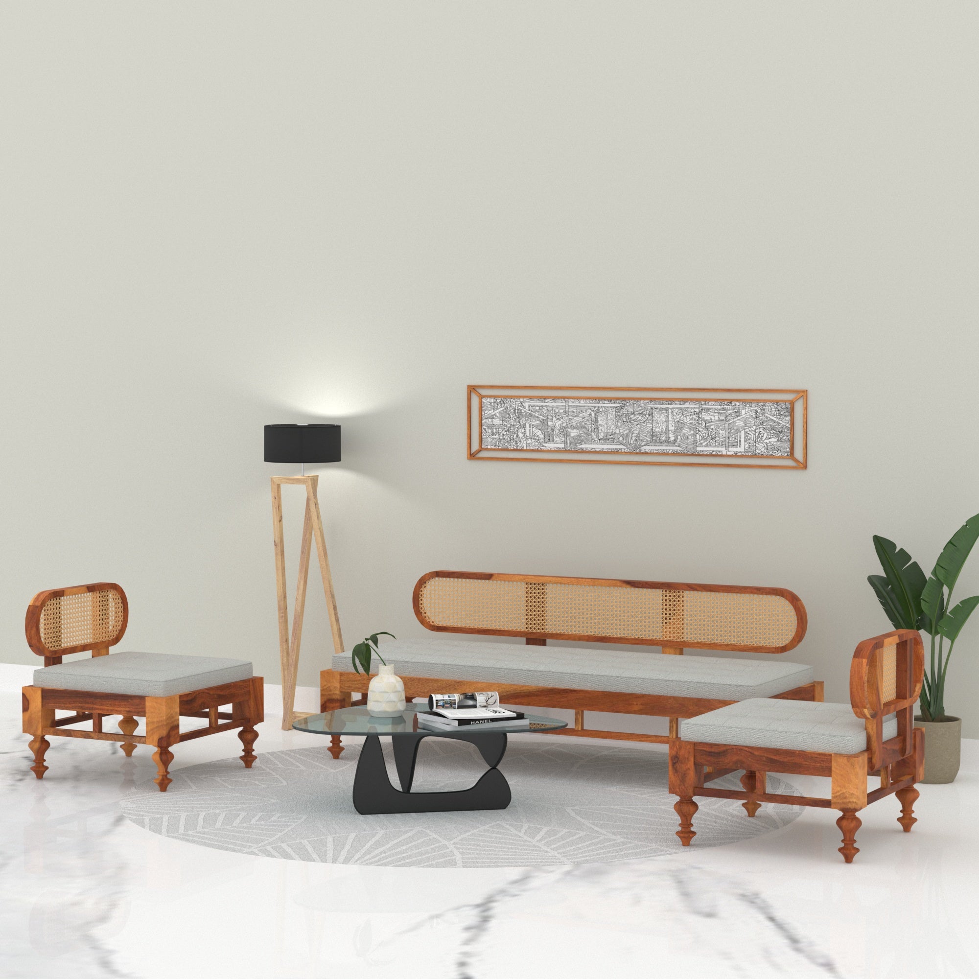 Simple Decent Cane Style Handmade Wooden Sofa Set Sofa