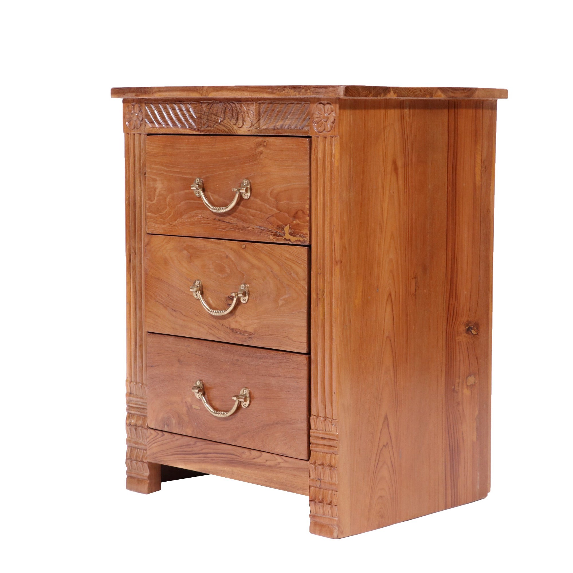Folk concept Carved teak wood 3 drawer bedside Bedside