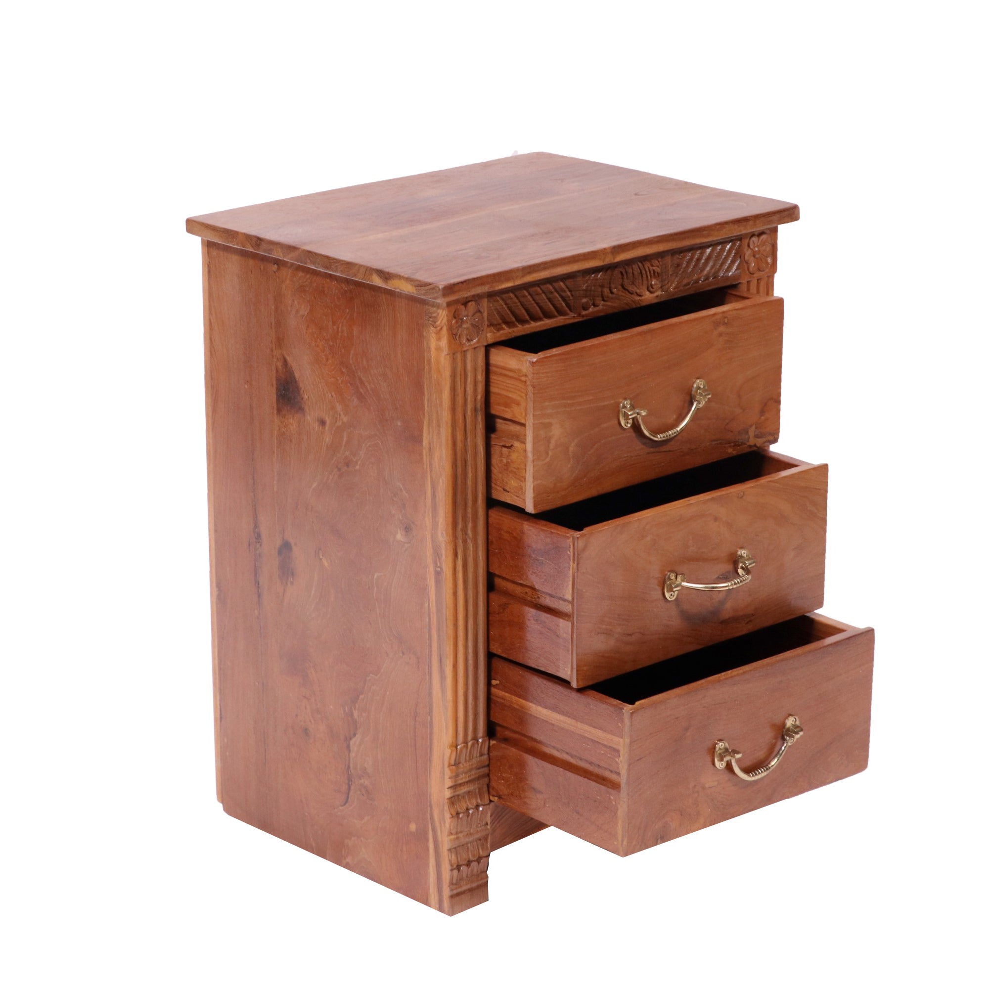Folk concept Carved teak wood 3 drawer bedside Bedside